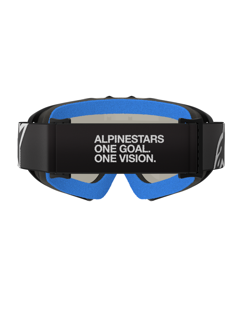 Occhiali Alpinestars Vision Youth Corp, Nero Argento Specchiato, occhiali da motocross, vista posteriore con fascia nera con scritta bianca "ALPINESTARS ONE GOAL. ONE VISION.", morbida spugna facciale blu brillante e montatura A-FLEX nera.