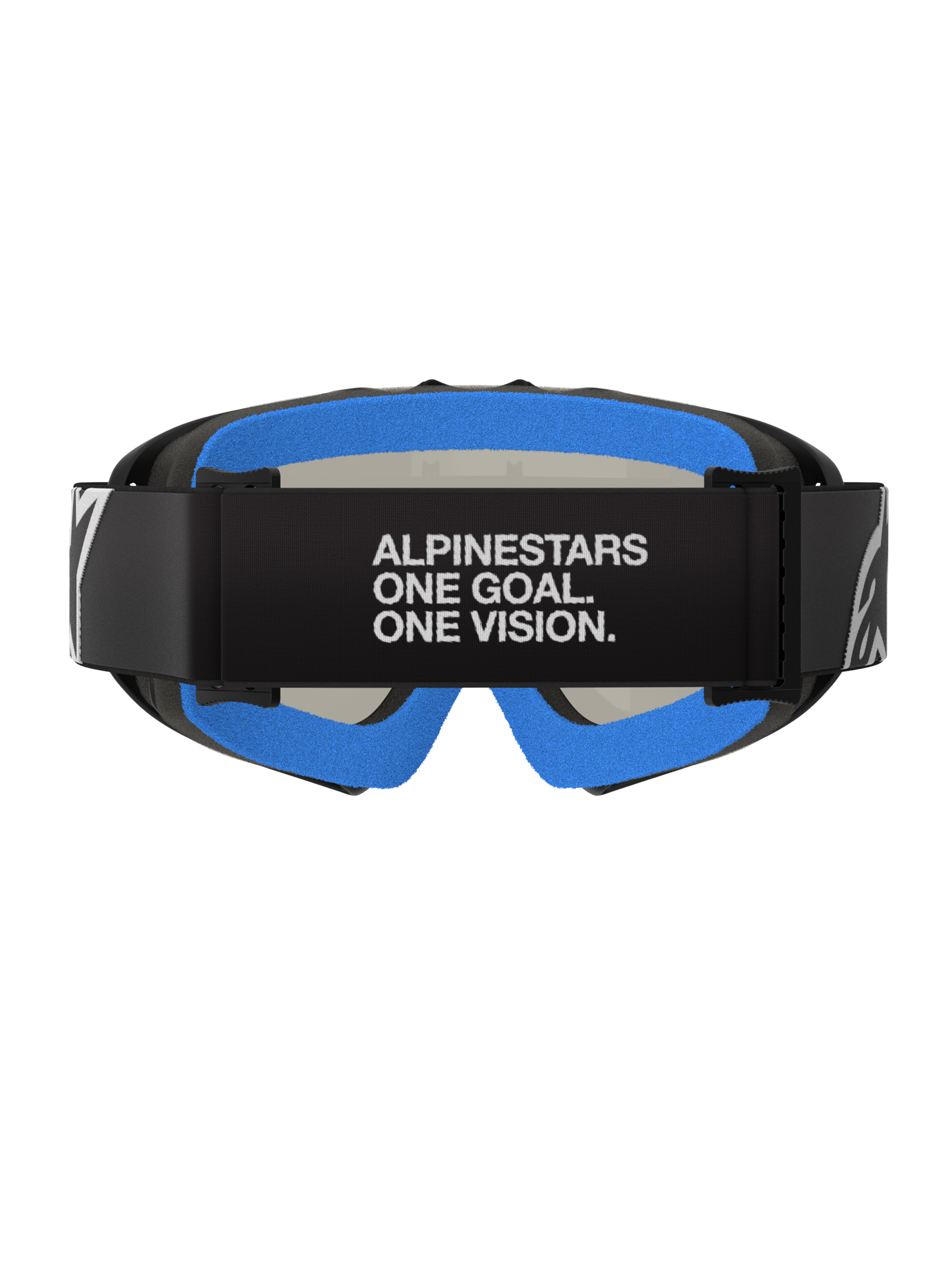 Occhiali Alpinestars Vision Youth Corp, Nero Argento Specchiato, occhiali da motocross, vista posteriore con fascia nera con scritta bianca "ALPINESTARS ONE GOAL. ONE VISION.", morbida spugna facciale blu brillante e montatura A-FLEX nera.