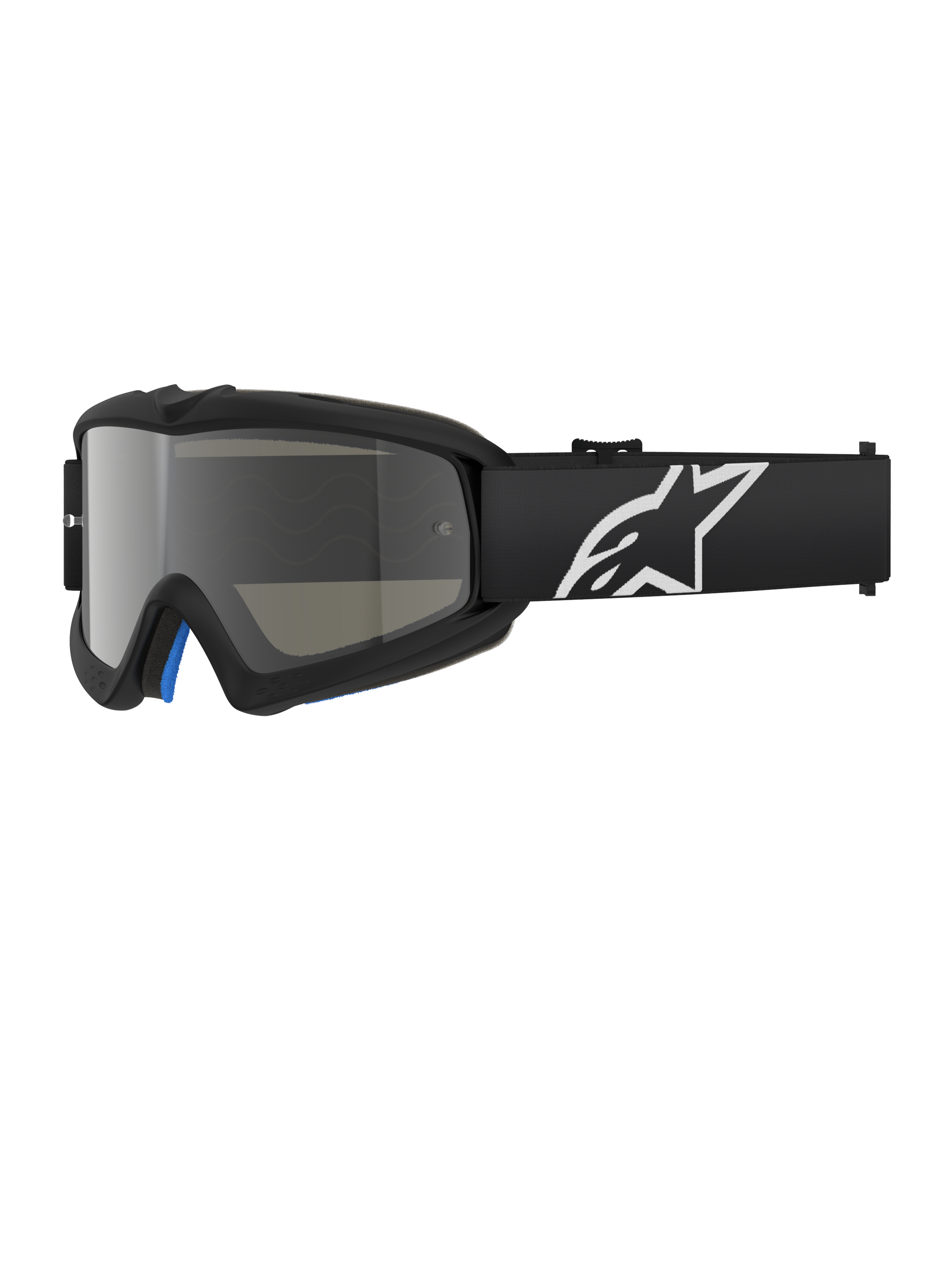 Alpinestars Vision Youth Corp Goggles, occhiali da motocross neri con lente a specchio argento, taglia ragazzi, cinturino regolabile nero con logo a stella bianco, imbottitura interna in schiuma blu, ideati per gare motociclistiche fuoristrada