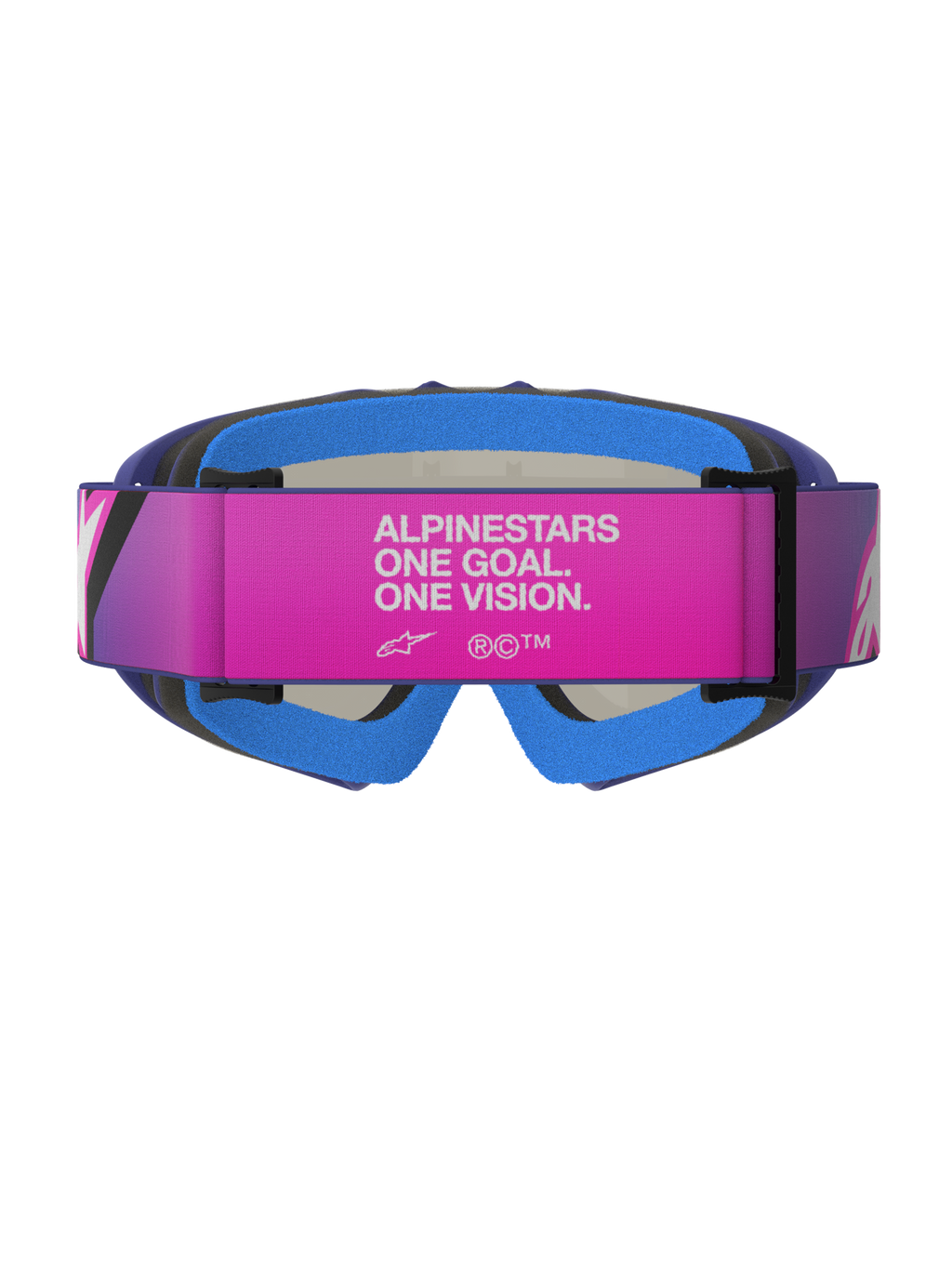 Alpinestars Vision Youth Corp Goggles, maschera da motocross, viola, rosa fluo e blu specchiato, vista posteriore con cinturino regolabile rosa con scritta bianca 'ALPINESTARS ONE GOAL. ONE VISION.', imbottitura in schiuma blu e montatura in uretano viola, progettata per giovani piloti off-road