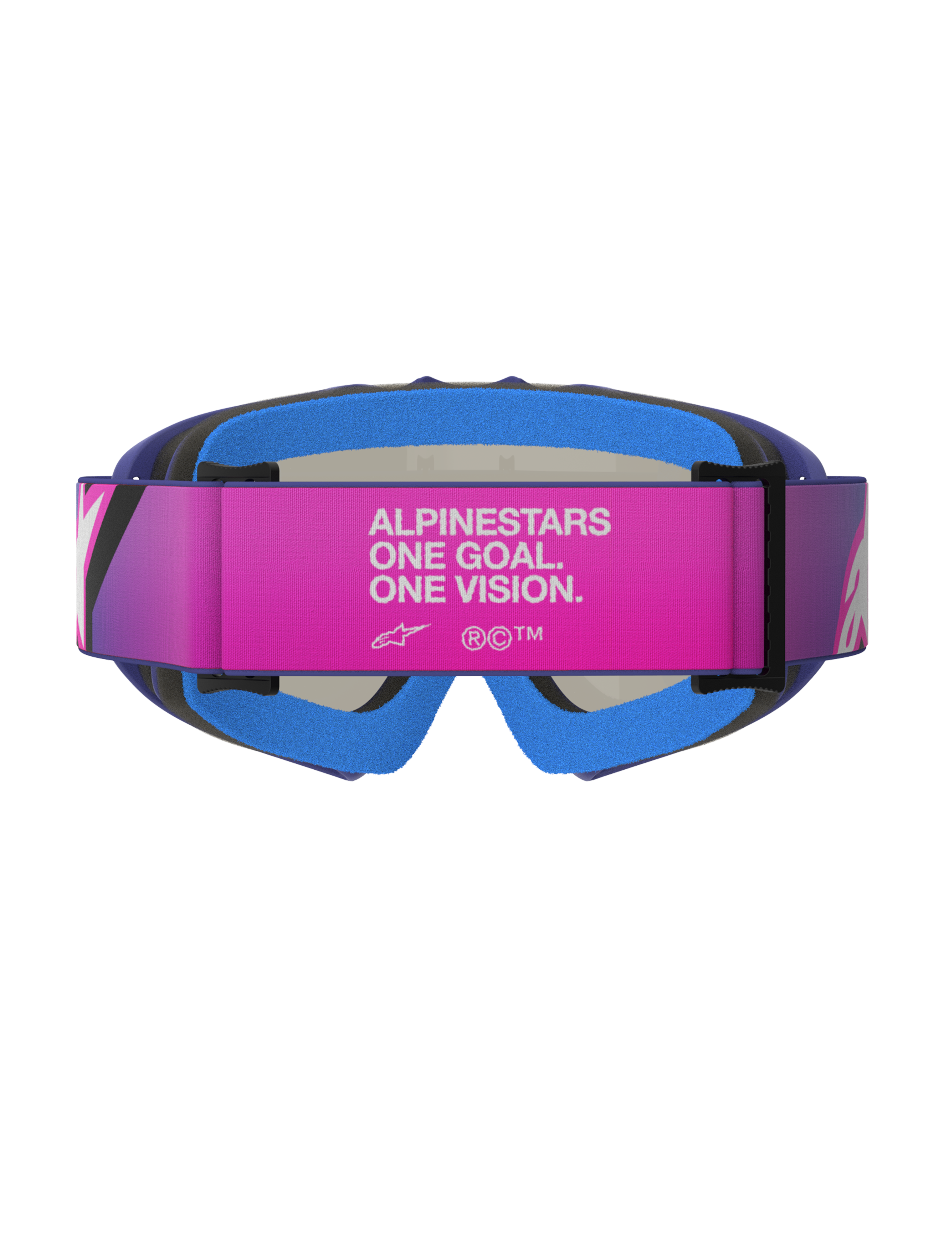 Alpinestars Vision Youth Corp Goggles, maschera da motocross, viola, rosa fluo e blu specchiato, vista posteriore con cinturino regolabile rosa con scritta bianca 'ALPINESTARS ONE GOAL. ONE VISION.', imbottitura in schiuma blu e montatura in uretano viola, progettata per giovani piloti off-road