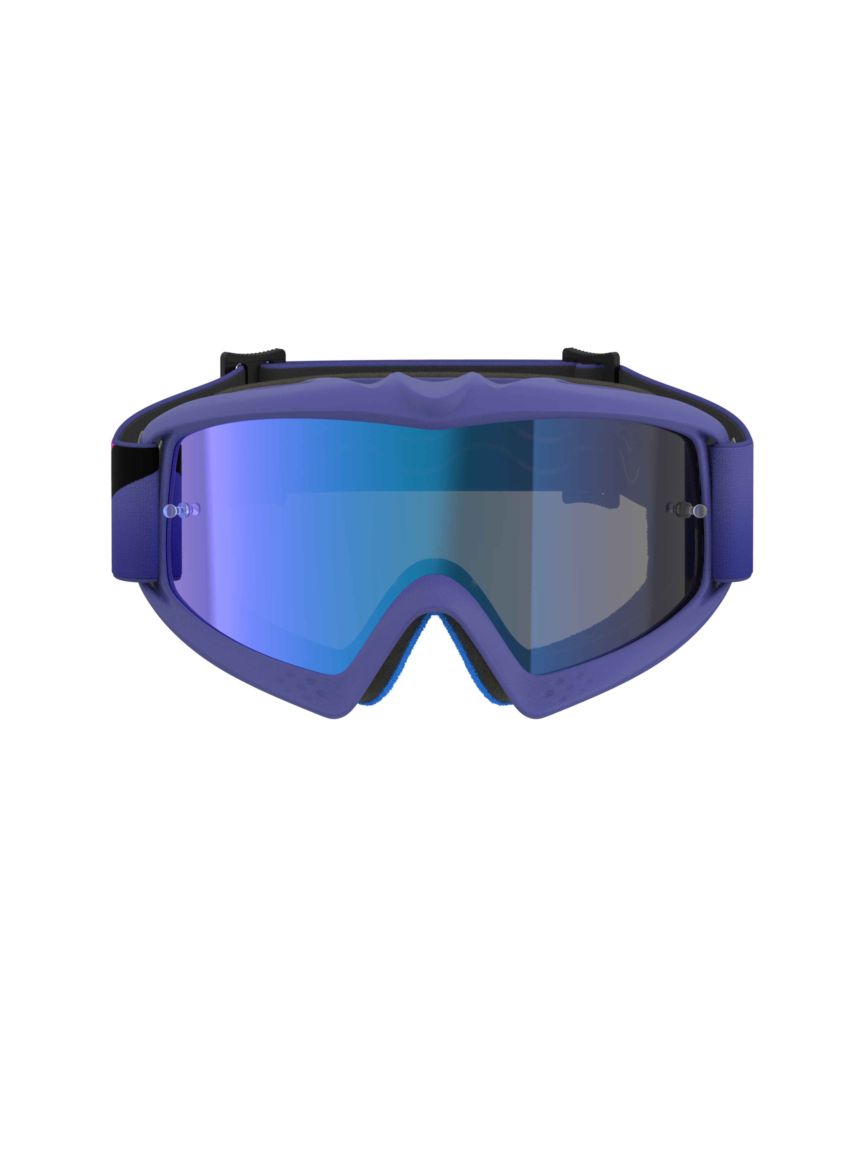 Alpinestars Vision Youth Corp Goggles, maschera da motocross, montatura viola e rosa fluo con lente Mirror Blue, protezione oculare off-road specifica per ragazzi, vista frontale che mostra la montatura A-FLEX e la schiuma facciale multistrato