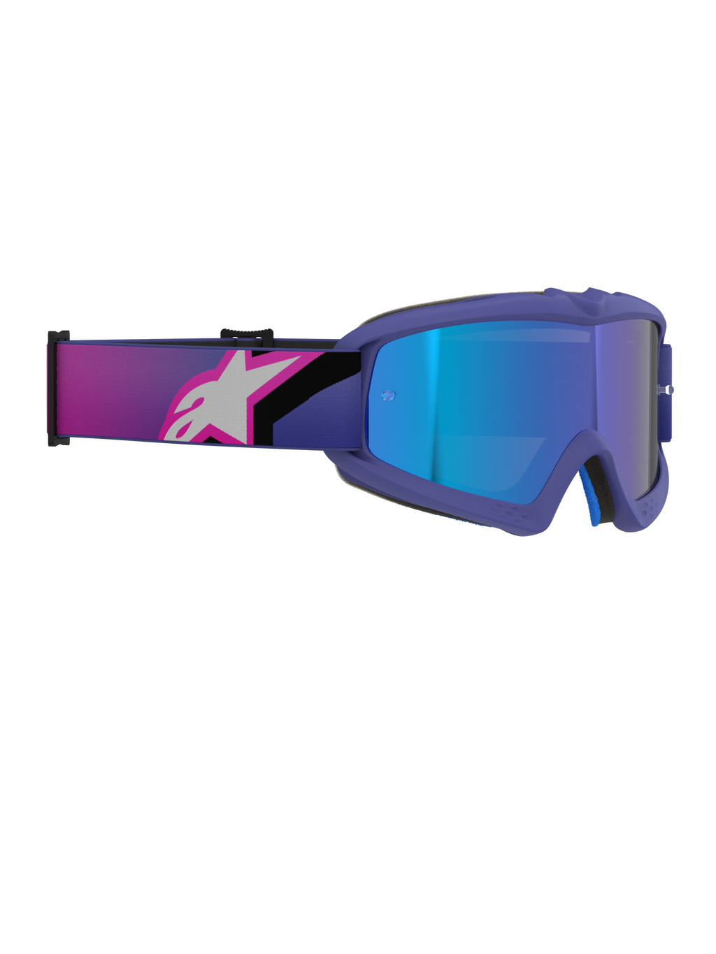 Alpinestars Vision Youth Corp Goggles, maschera da motocross, montatura viola e rosa fluo con lente blu specchiata, ampia fascia elastica con logo Alpinestars rosa e bianco, occhiali off-road ad alte prestazioni per giovani piloti