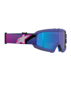 Alpinestars Vision Youth Corp Goggles, maschera da motocross, montatura viola e rosa fluo con lente blu specchiata, ampia fascia elastica con logo Alpinestars rosa e bianco, occhiali off-road ad alte prestazioni per giovani piloti