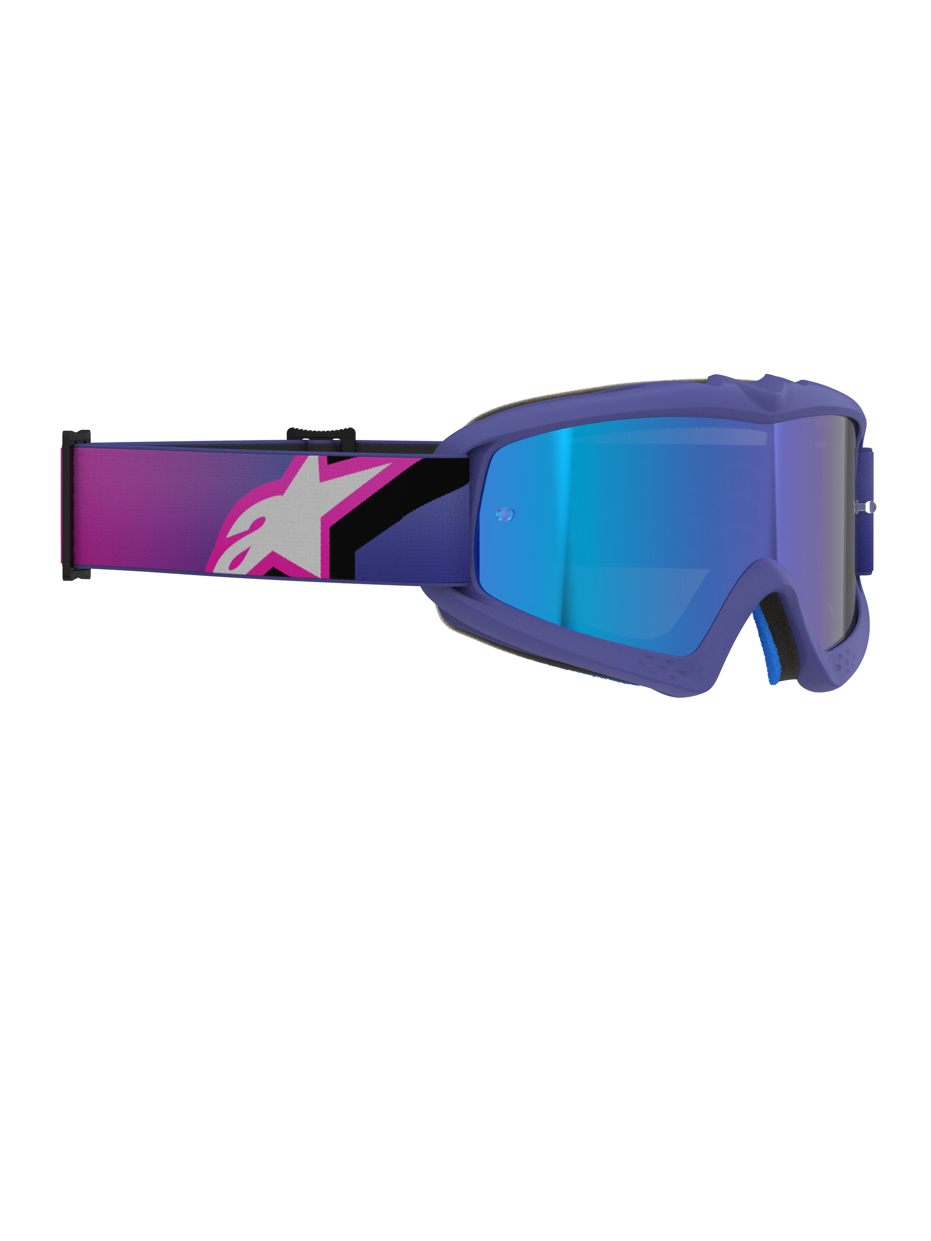 Alpinestars Vision Youth Corp Goggles, maschera da motocross, montatura viola e rosa fluo con lente blu specchiata, ampia fascia elastica con logo Alpinestars rosa e bianco, occhiali off-road ad alte prestazioni per giovani piloti