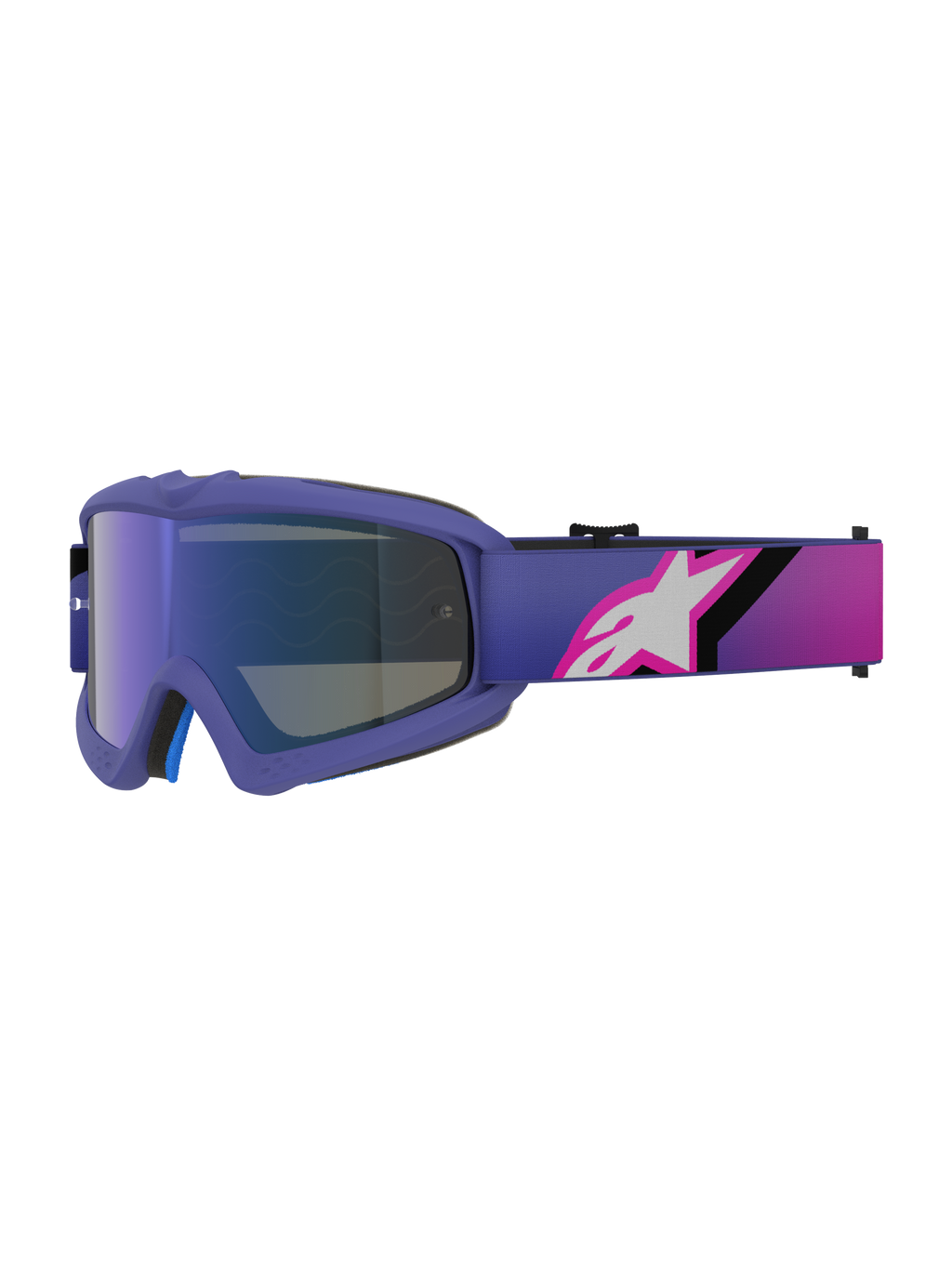 Alpinestars Vision Youth Corp Goggles, occhiali da motocross, viola e rosa fluo, con lente Mirror Blue e fascia sfumata con logo Alpinestars bianco, progettati per giovani piloti off-road