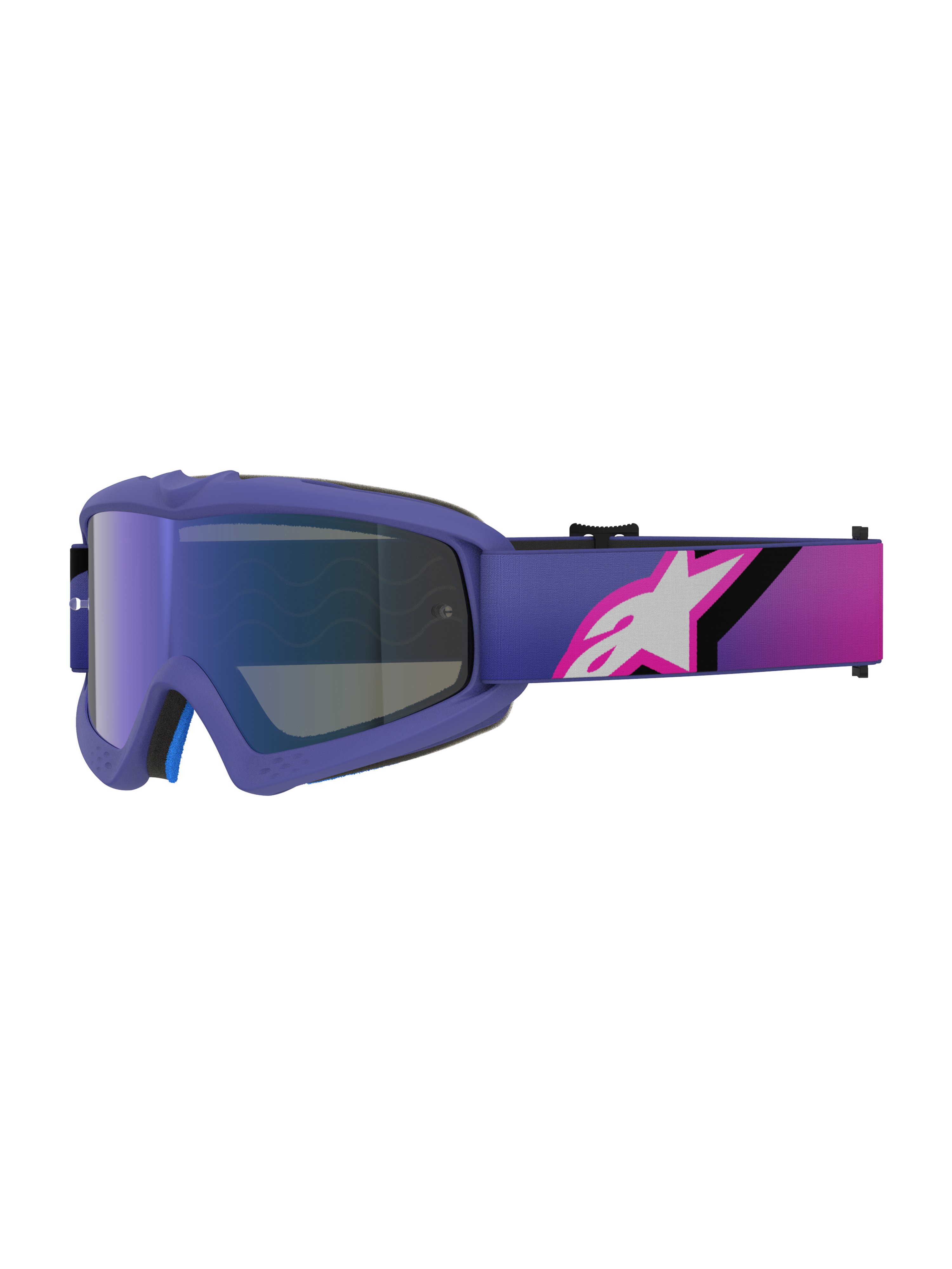Alpinestars Vision Youth Corp Goggles, occhiali da motocross, viola e rosa fluo, con lente Mirror Blue e fascia sfumata con logo Alpinestars bianco, progettati per giovani piloti off-road