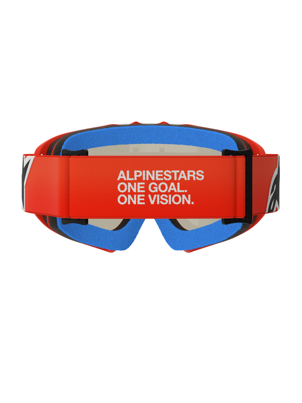 Alpinestars Vision Youth Corp, maschere da motocross per ragazzi, arancione e rosso con schiuma blu, vista posteriore con ampia fascia rossa e branding bianco 'ALPINESTARS ONE GOAL. ONE VISION.', schiuma comfort multistrato per una vestibilità sicura