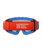 Alpinestars Vision Youth Corp, maschere da motocross per ragazzi, arancione e rosso con schiuma blu, vista posteriore con ampia fascia rossa e branding bianco 'ALPINESTARS ONE GOAL. ONE VISION.', schiuma comfort multistrato per una vestibilità sicura