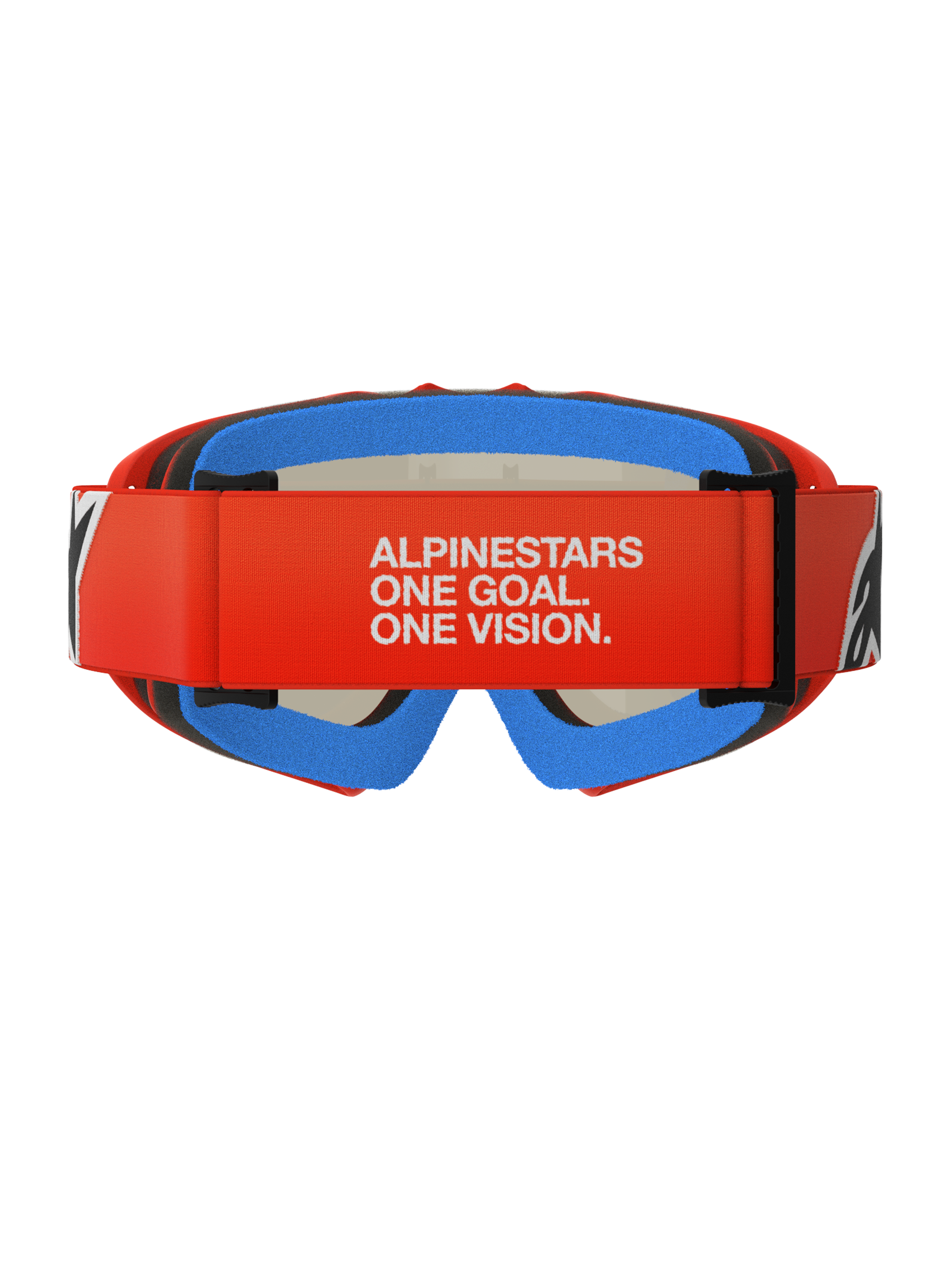 Alpinestars Vision Youth Corp, maschere da motocross per ragazzi, arancione e rosso con schiuma blu, vista posteriore con ampia fascia rossa e branding bianco 'ALPINESTARS ONE GOAL. ONE VISION.', schiuma comfort multistrato per una vestibilità sicura