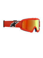 Alpinestars Vision Youth Corp Goggles, occhiali da motocross, montatura arancione con lente a specchio rossa, fascia elastica arancione con logo bianco e nero, progettati per giovani piloti con lente antiappannamento e montatura in uretano.