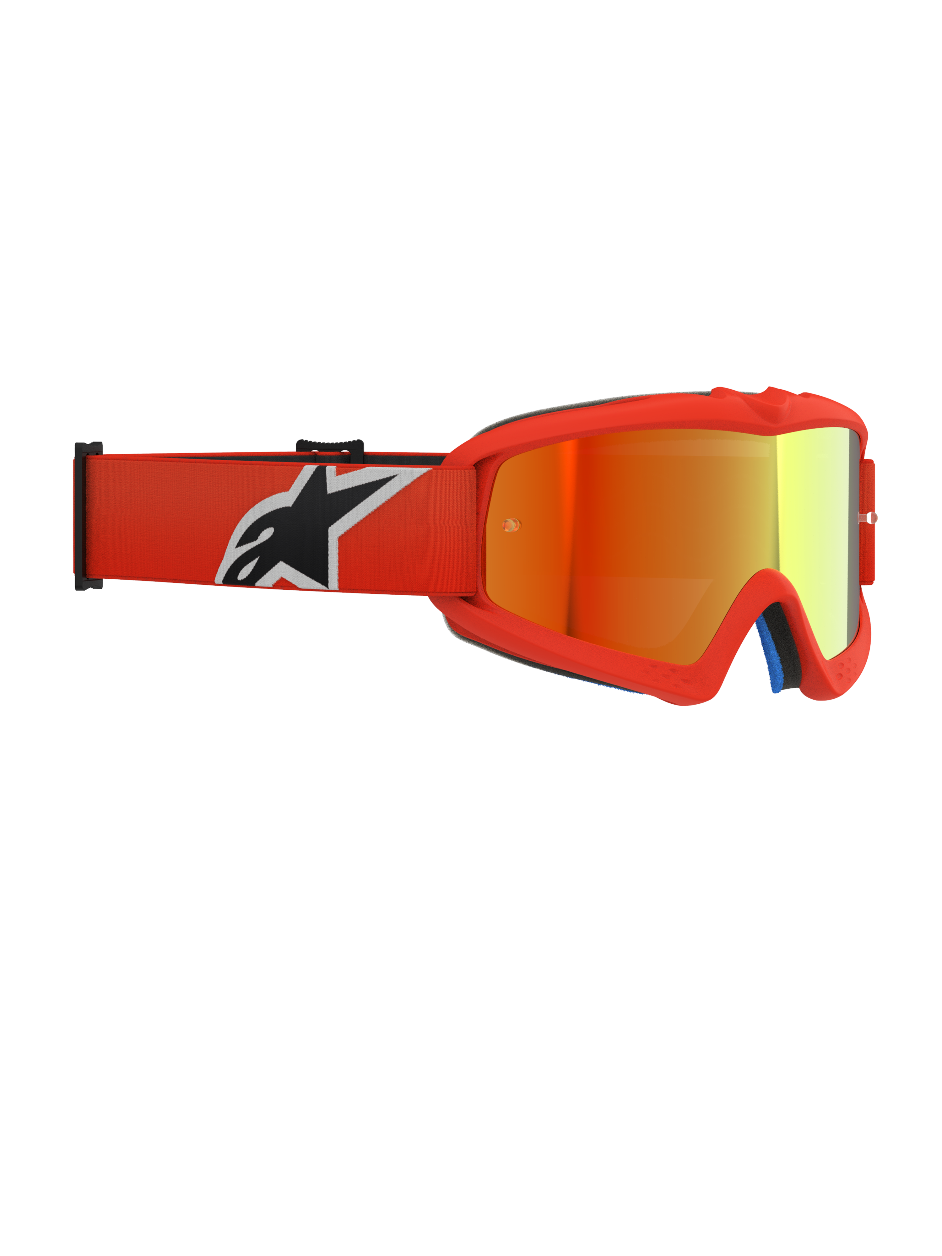 Alpinestars Vision Youth Corp Goggles, occhiali da motocross, montatura arancione con lente a specchio rossa, fascia elastica arancione con logo bianco e nero, progettati per giovani piloti con lente antiappannamento e montatura in uretano.