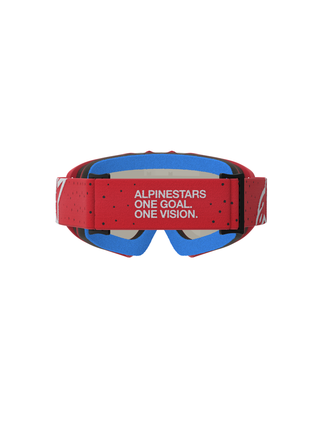 Alpinestars maschere Vision Vesta Ragazzo, maschere da motocross rosse e blu, vista posteriore della cinghia regolabile con scritta 'One Goal. One Vision.', schiuma facciale blu per protezione off-road.