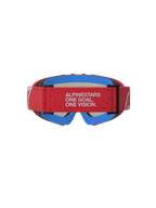 Alpinestars maschere Vision Vesta Ragazzo, maschere da motocross rosse e blu, vista posteriore della cinghia regolabile con scritta 'One Goal. One Vision.', schiuma facciale blu per protezione off-road.