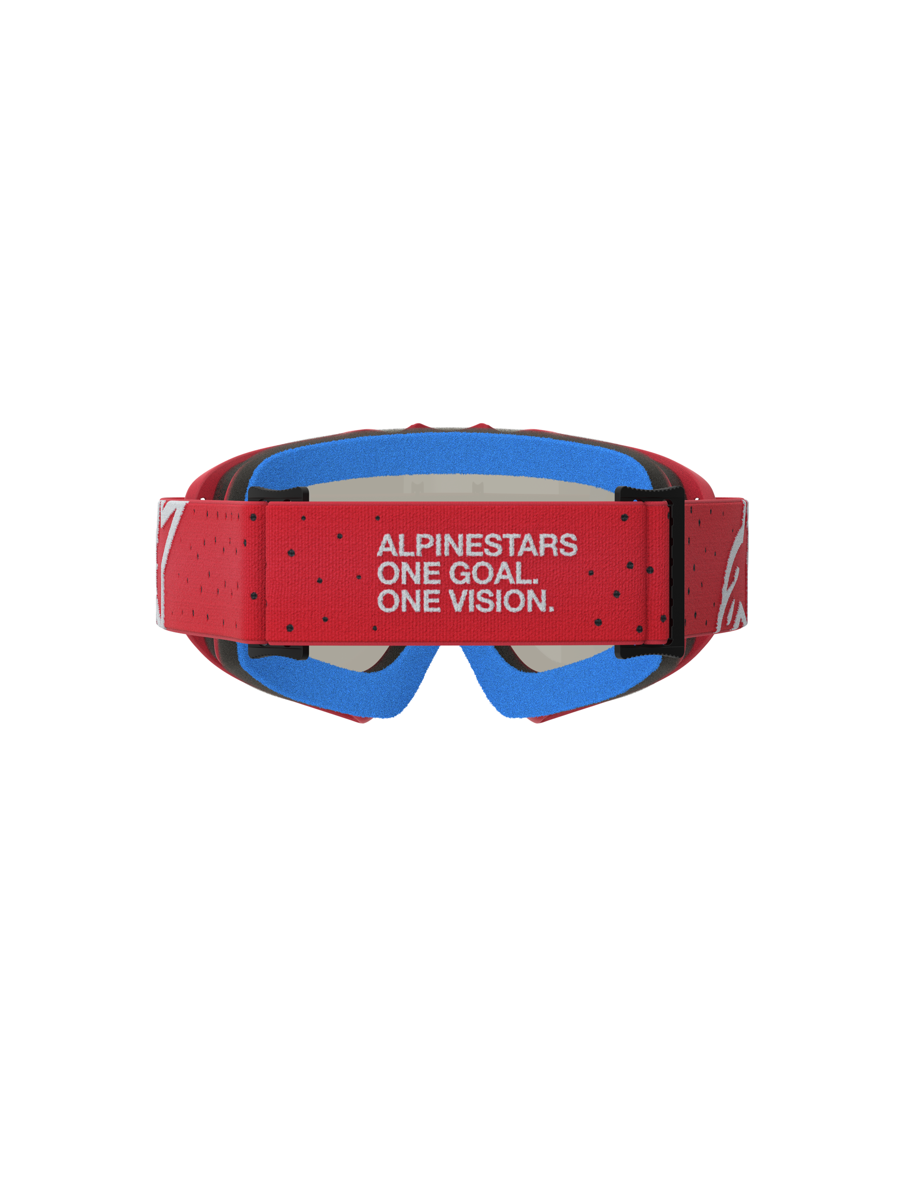 Alpinestars maschere Vision Vesta Ragazzo, maschere da motocross rosse e blu, vista posteriore della cinghia regolabile con scritta 'One Goal. One Vision.', schiuma facciale blu per protezione off-road.