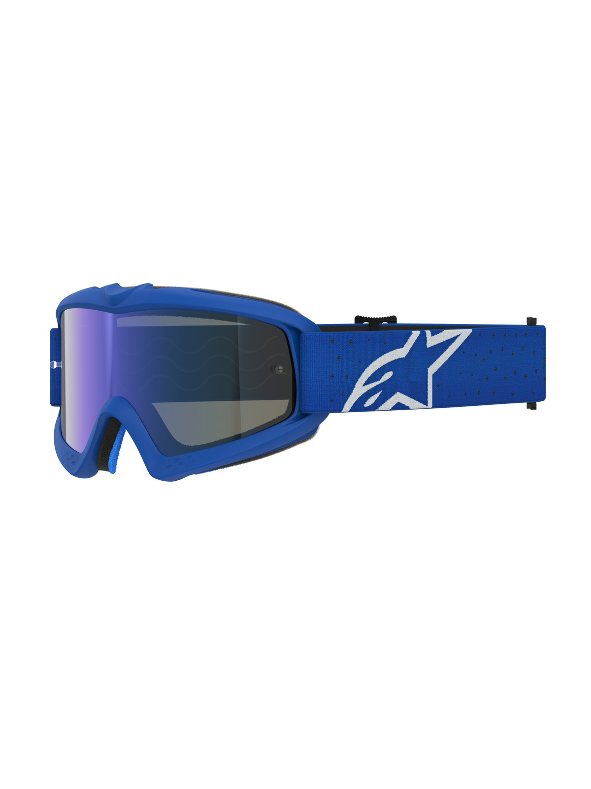 Alpinestars Maschere Vision Vesta Ragazzo, maschere da motocross blu e bianche con lente specchiata blu e logo a stella.