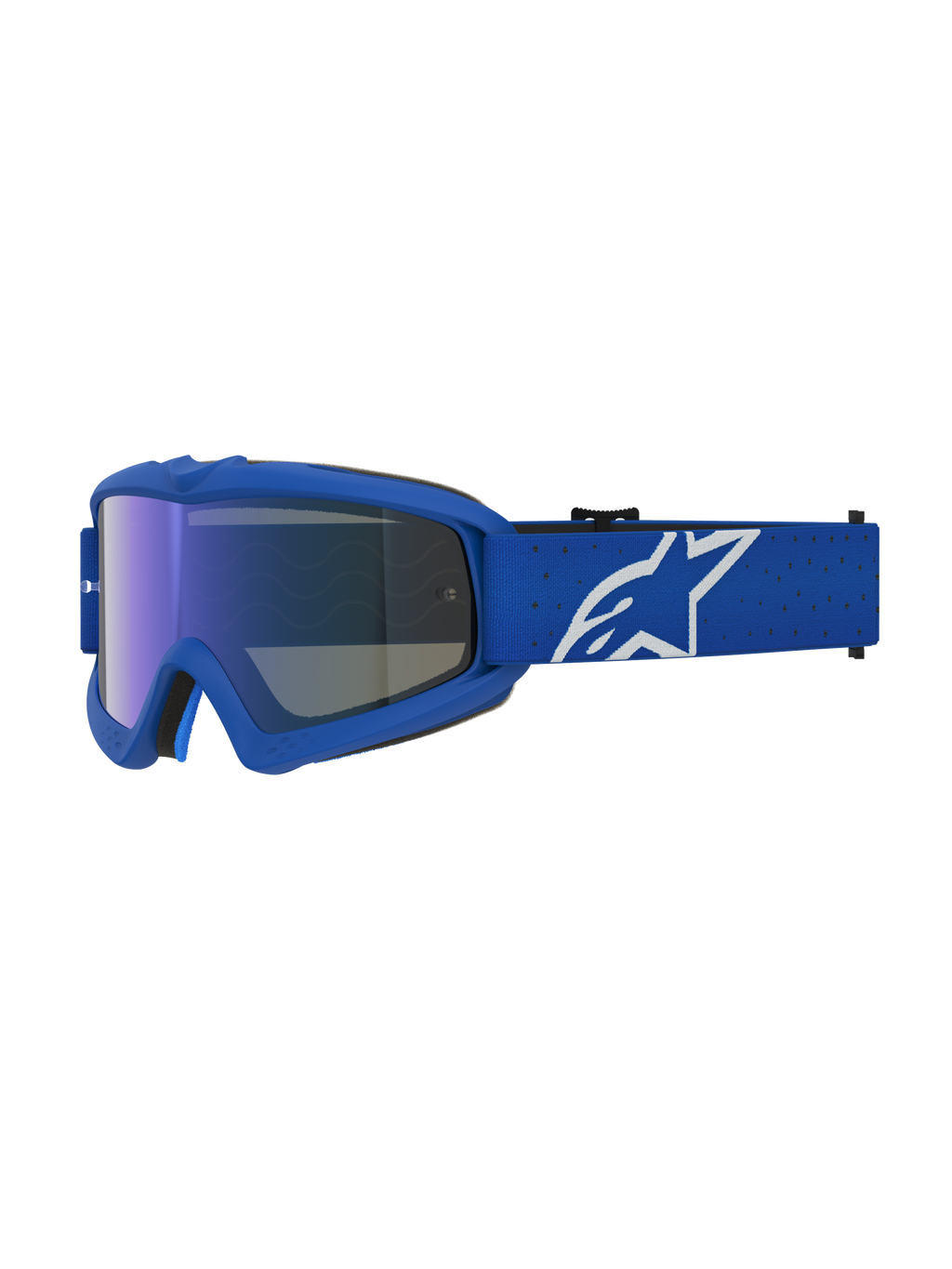 Alpinestars Maschere Vision Vesta Ragazzo, maschere da motocross blu e bianche con lente specchiata blu e logo a stella.