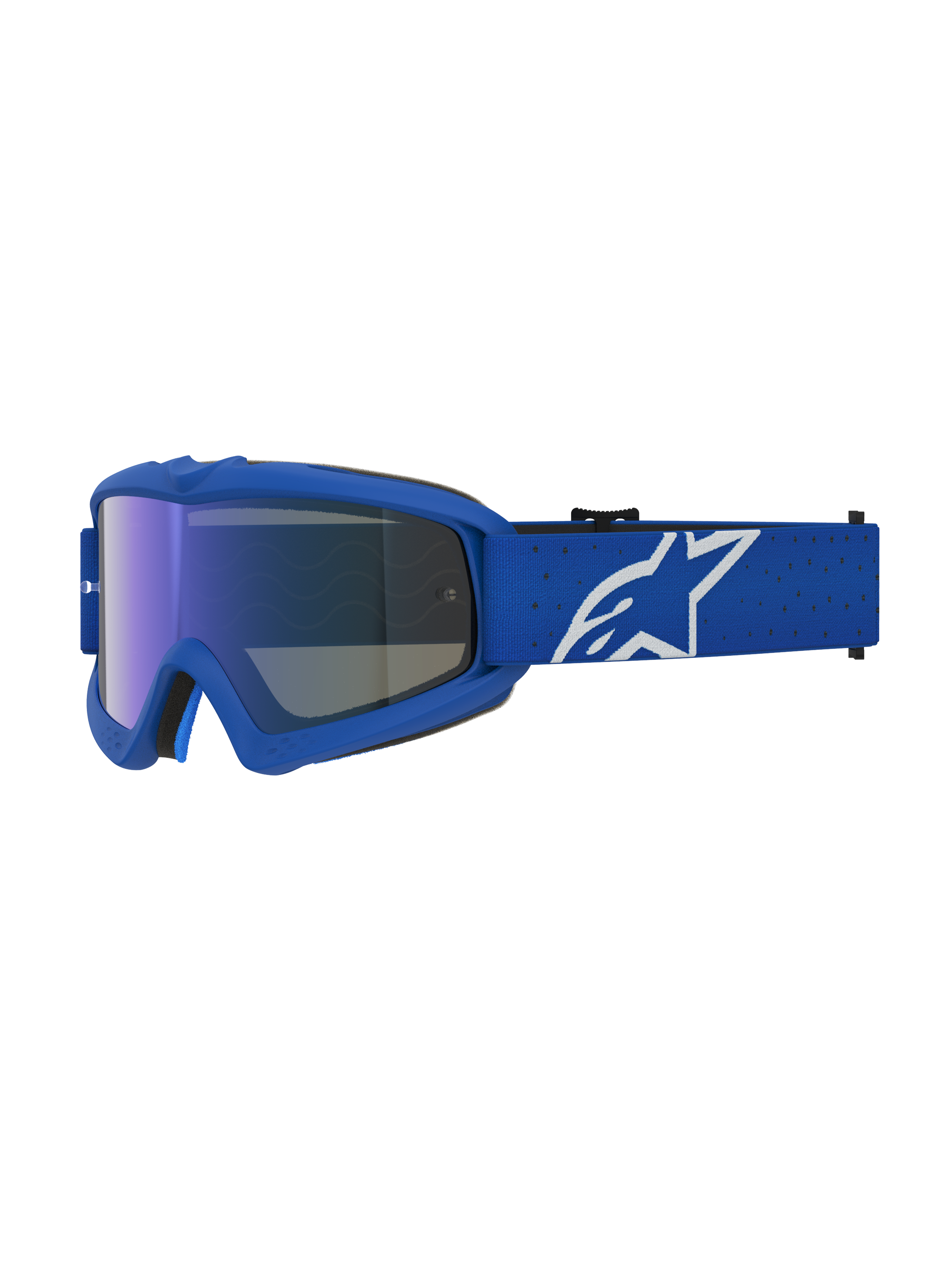 Alpinestars Maschere Vision Vesta Ragazzo, maschere da motocross blu e bianche con lente specchiata blu e logo a stella.