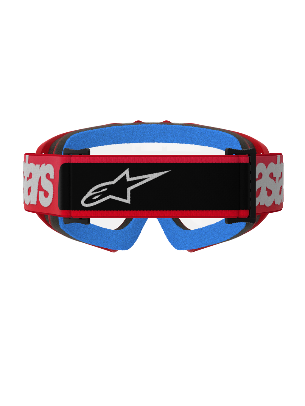 Alpinestars Vision Youth Blaze Goggles, rosso e trasparente, vista posteriore con fascia intrecciata rossa, toppa con logo nero e branding bianco, spugna facciale blu brillante e lente trasparente antiappannamento, progettati per il motocross giovanile