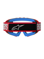 Alpinestars Vision Youth Blaze Goggles, rosso e trasparente, vista posteriore con fascia intrecciata rossa, toppa con logo nero e branding bianco, spugna facciale blu brillante e lente trasparente antiappannamento, progettati per il motocross giovanile