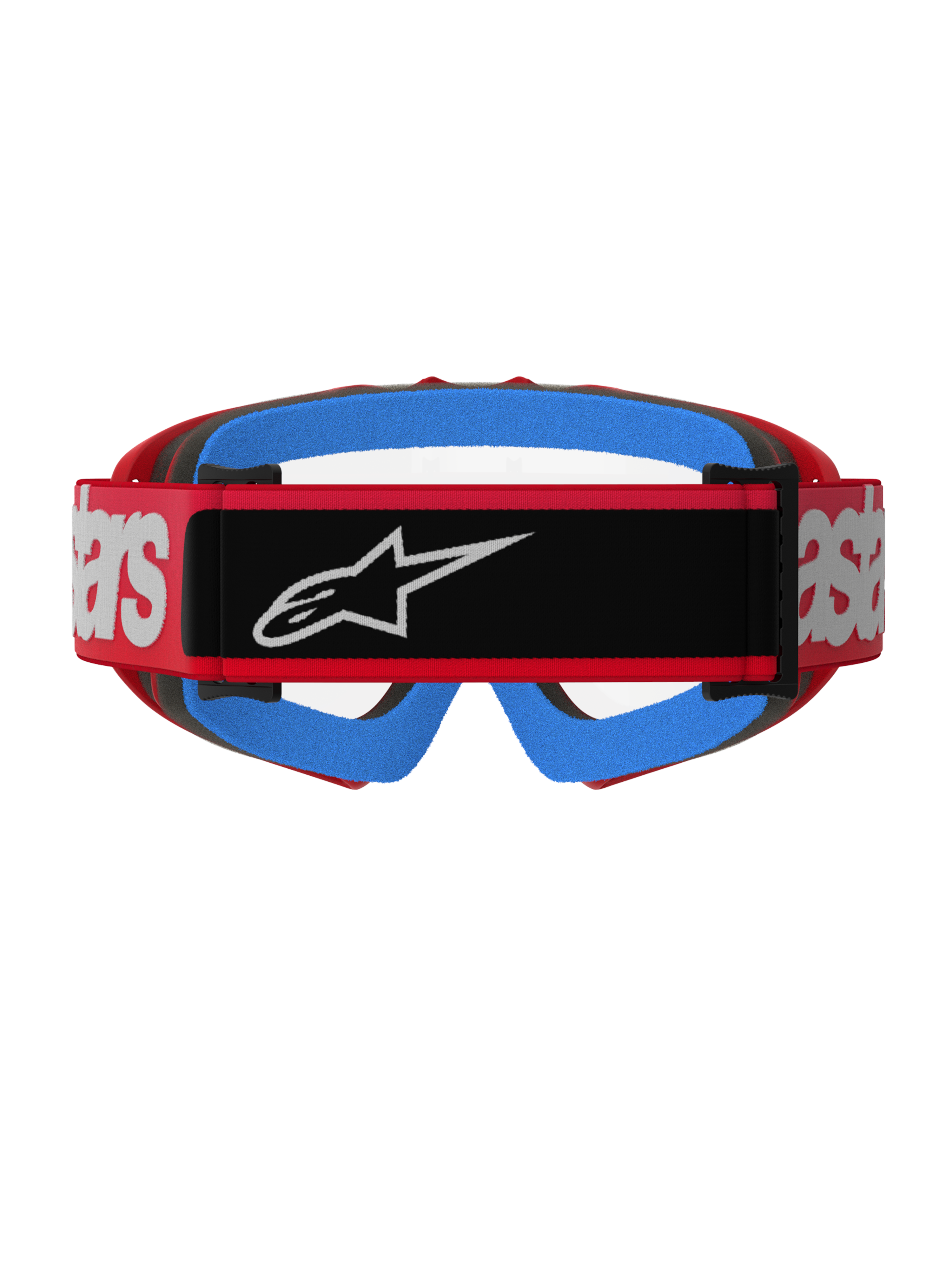 Alpinestars Vision Youth Blaze Goggles, rosso e trasparente, vista posteriore con fascia intrecciata rossa, toppa con logo nero e branding bianco, spugna facciale blu brillante e lente trasparente antiappannamento, progettati per il motocross giovanile