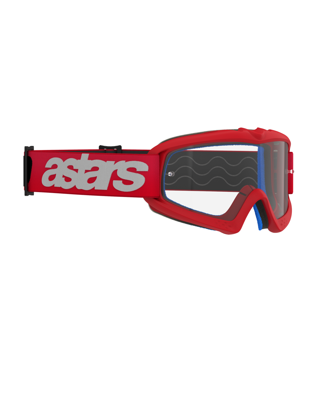 Occhiali Alpinestars Vision Youth Blaze, occhiali da motocross, rosso e trasparente, fascia rossa con logo astars bianco, occhiali da gara per ragazzi con lente in policarbonato antiappannamento
