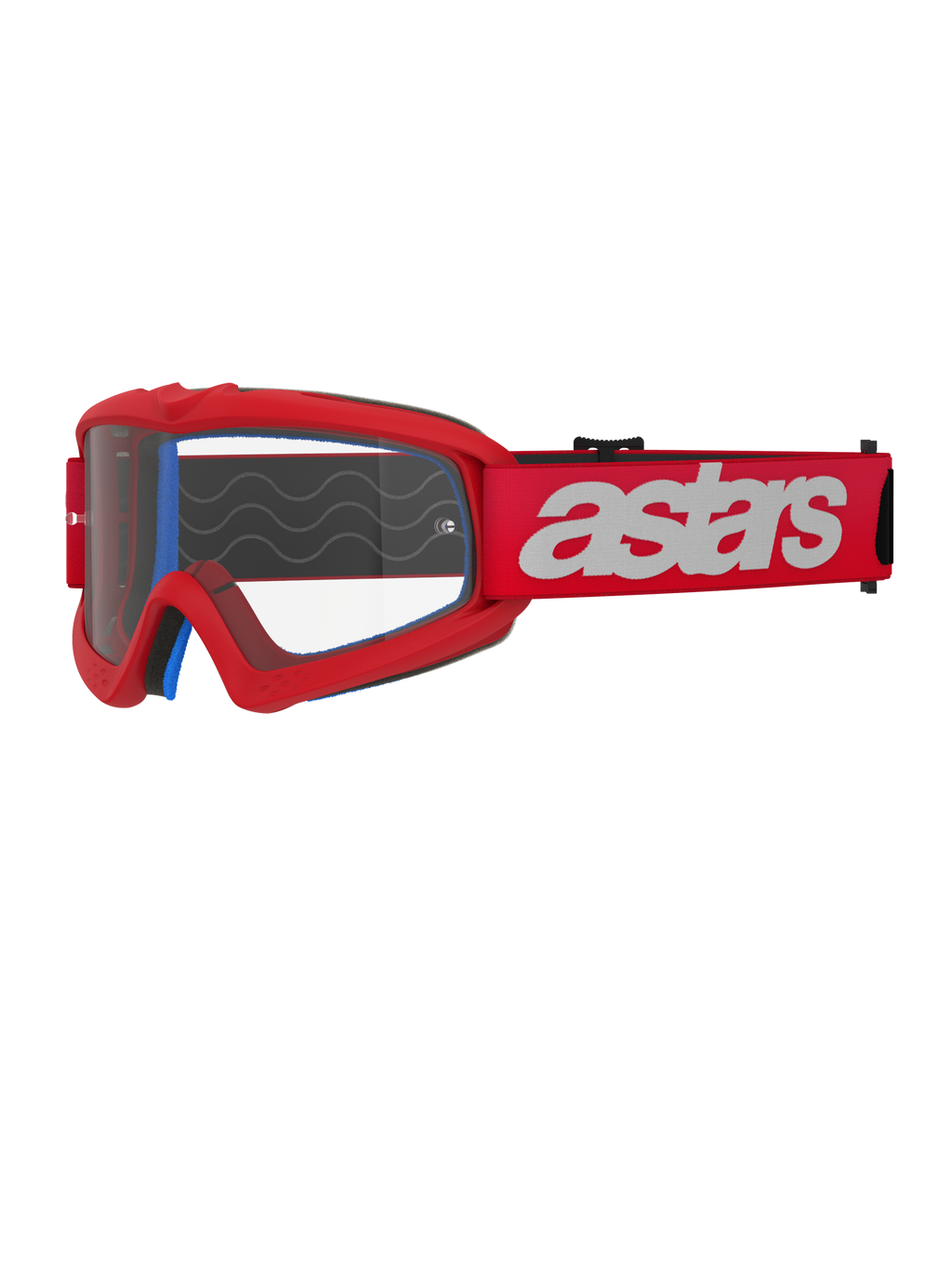 Alpinestars Vision Youth Blaze Goggles, occhiali da motocross per ragazzi, rosso e bianco, lente trasparente con supporti per tear-off, imbottitura interna blu, cinturino rosso con logo bianco e motivo a onde in silicone per il grip, protezione oculare ad alte prestazioni per corse fuoristrada giovanili