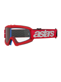 Alpinestars Vision Youth Blaze Goggles, occhiali da motocross per ragazzi, rosso e bianco, lente trasparente con supporti per tear-off, imbottitura interna blu, cinturino rosso con logo bianco e motivo a onde in silicone per il grip, protezione oculare ad alte prestazioni per corse fuoristrada giovanili