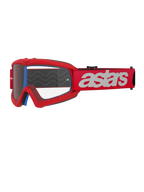 Alpinestars Vision Youth Blaze Goggles, occhiali da motocross per ragazzi, rosso e bianco, lente trasparente con supporti per tear-off, imbottitura interna blu, cinturino rosso con logo bianco e motivo a onde in silicone per il grip, protezione oculare ad alte prestazioni per corse fuoristrada giovanili