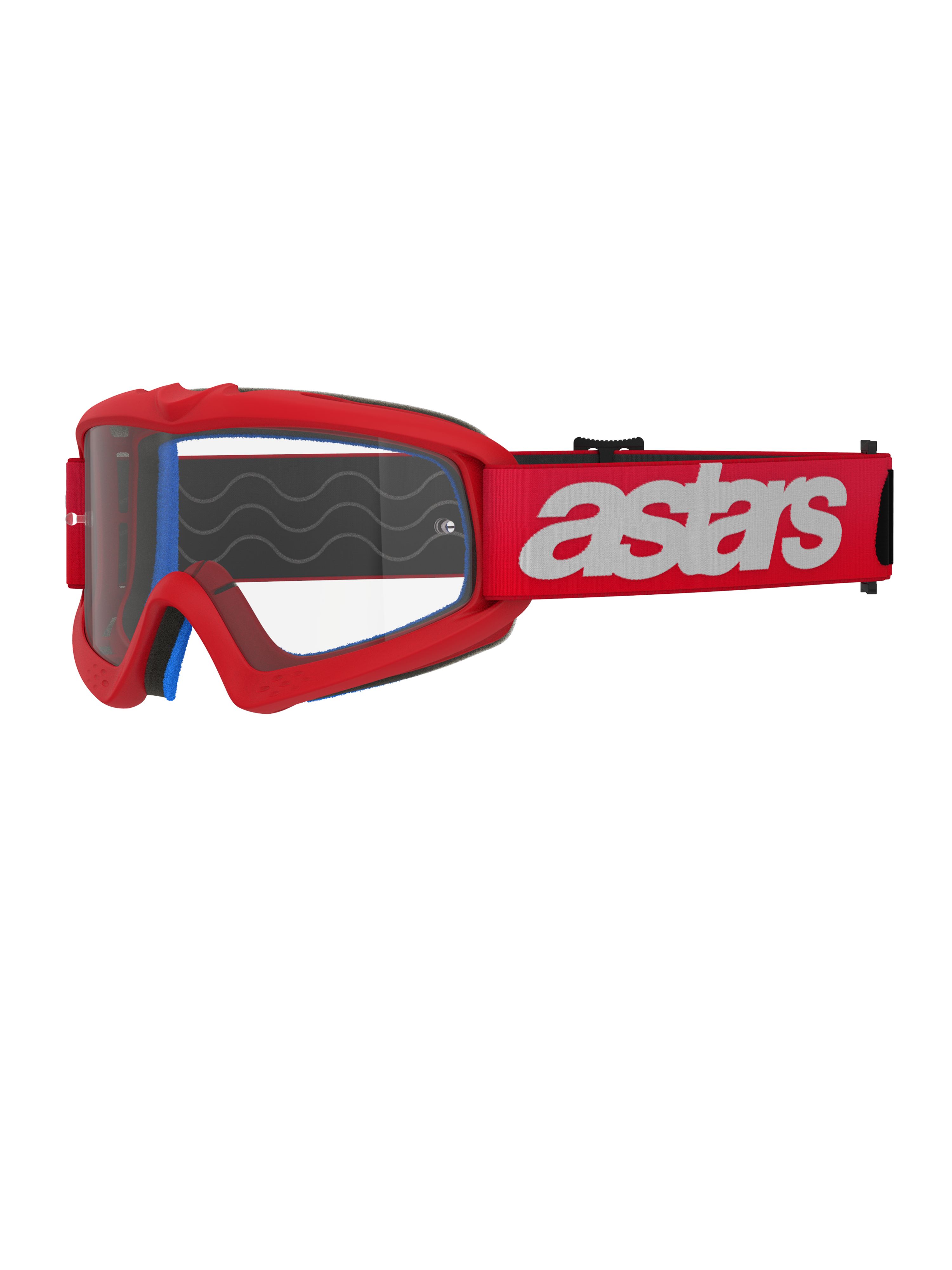 Alpinestars Vision Youth Blaze Goggles, occhiali da motocross per ragazzi, rosso e bianco, lente trasparente con supporti per tear-off, imbottitura interna blu, cinturino rosso con logo bianco e motivo a onde in silicone per il grip, protezione oculare ad alte prestazioni per corse fuoristrada giovanili