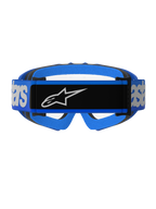Alpinestars Vision Youth Blaze Goggles, occhiali da motocross, blu e trasparenti, vista posteriore con ampia fascia blu, pannello centrale nero e logo Alpinestars bianco, imbottitura in schiuma blu e nera, visibilità lente trasparente