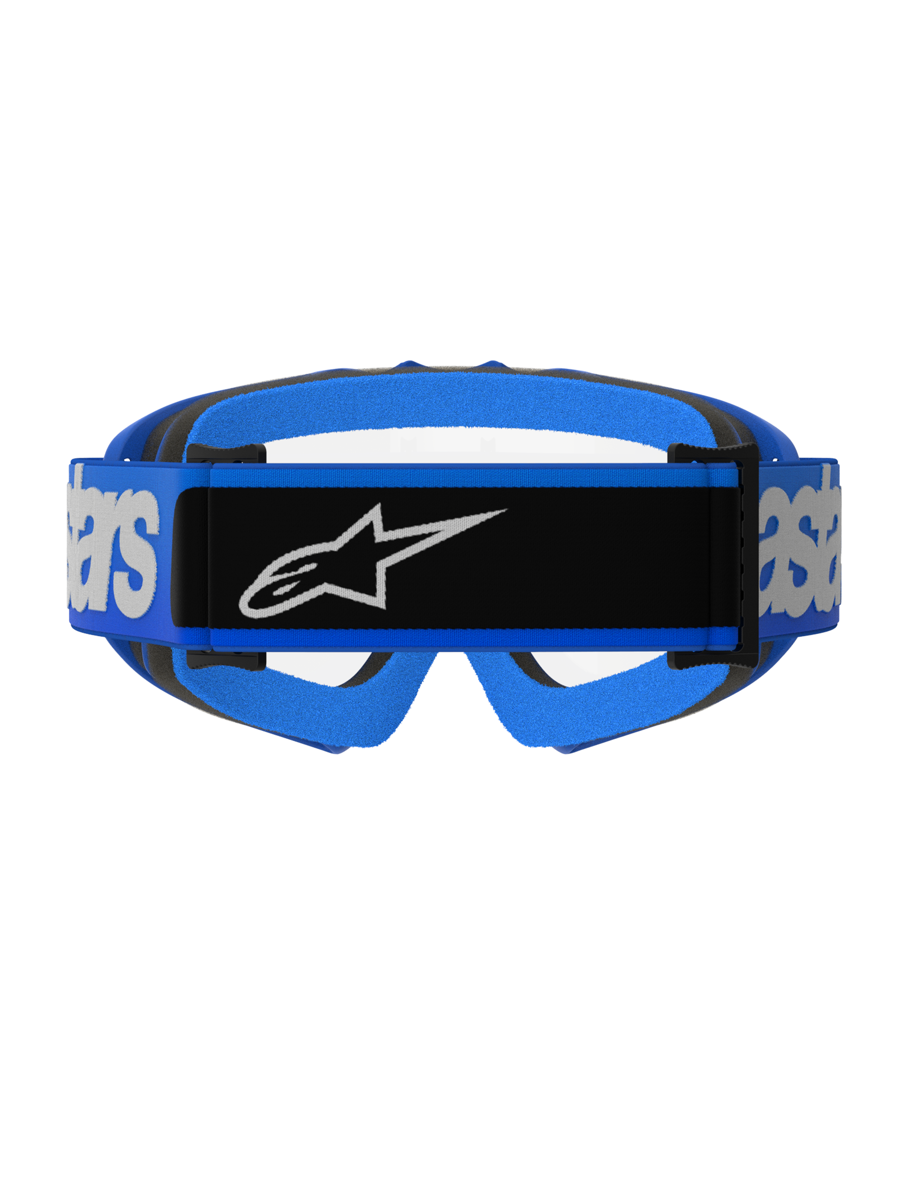 Alpinestars Vision Youth Blaze Goggles, occhiali da motocross, blu e trasparenti, vista posteriore con ampia fascia blu, pannello centrale nero e logo Alpinestars bianco, imbottitura in schiuma blu e nera, visibilità lente trasparente
