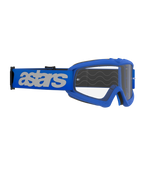 Occhiali Alpinestars Vision Youth Blaze, occhiali da motocross, blu e trasparente, montatura blu con lente trasparente antiappannamento, ampia fascia blu con logo 'astars' bianco, progettati per giovani piloti e visi piccoli, equipaggiamento professionale da fuoristrada