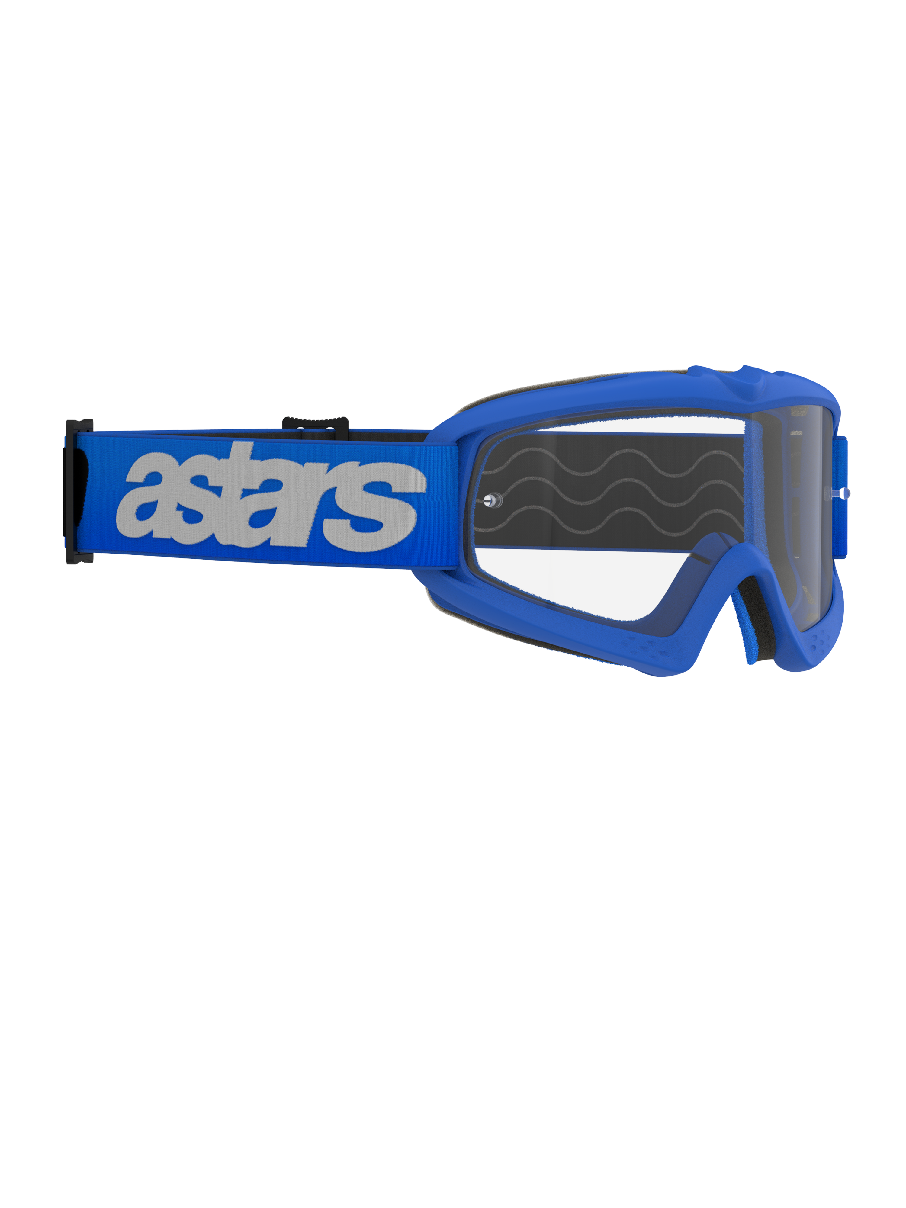 Occhiali Alpinestars Vision Youth Blaze, occhiali da motocross, blu e trasparente, montatura blu con lente trasparente antiappannamento, ampia fascia blu con logo 'astars' bianco, progettati per giovani piloti e visi piccoli, equipaggiamento professionale da fuoristrada