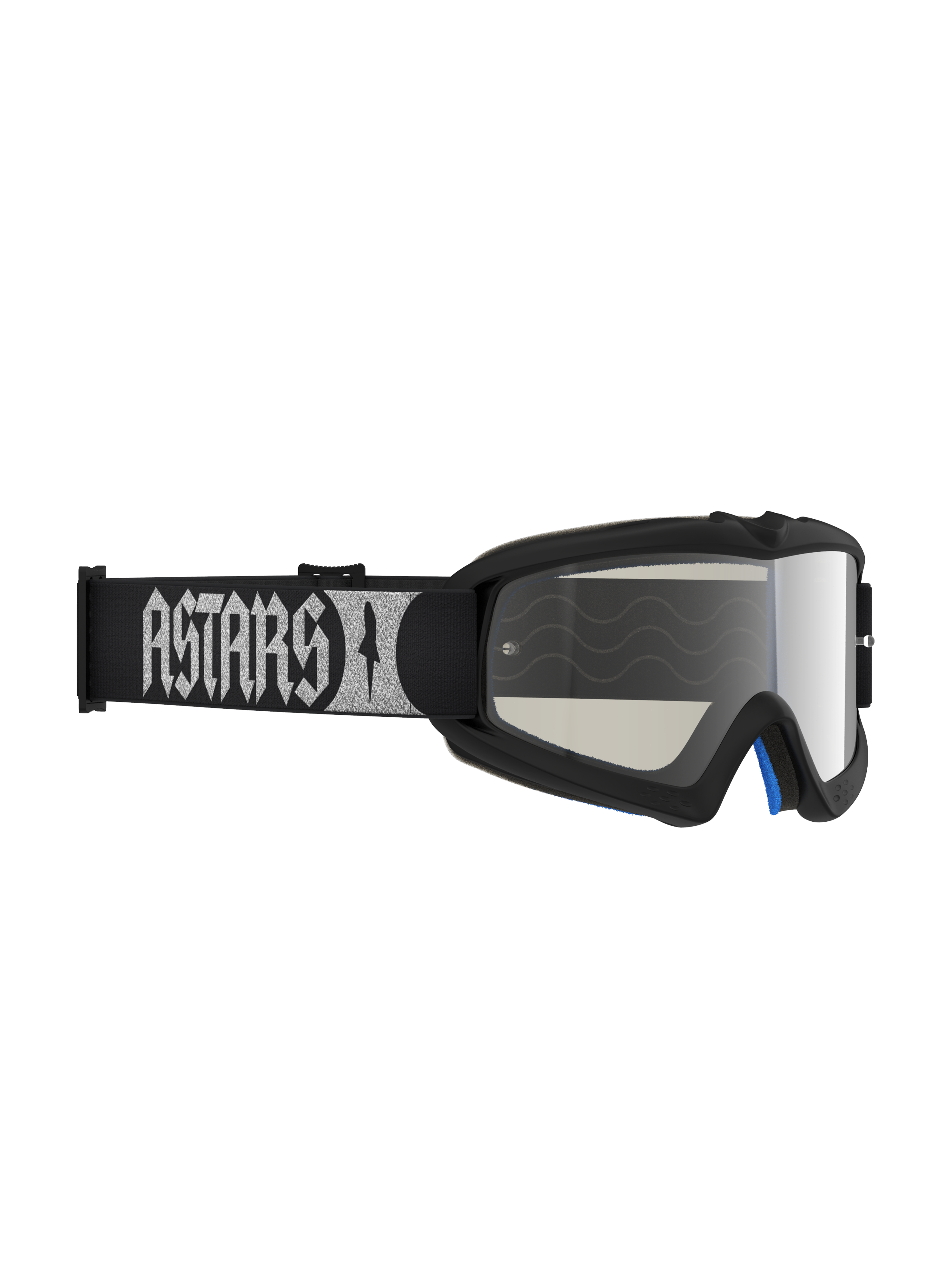 Alpinestars Maschere Vision Atrox Ragazzo, maschere da motocross per ragazzi, nere e argento, lenti a specchio antiappannamento e cinturino con logo ASTARS argentato.