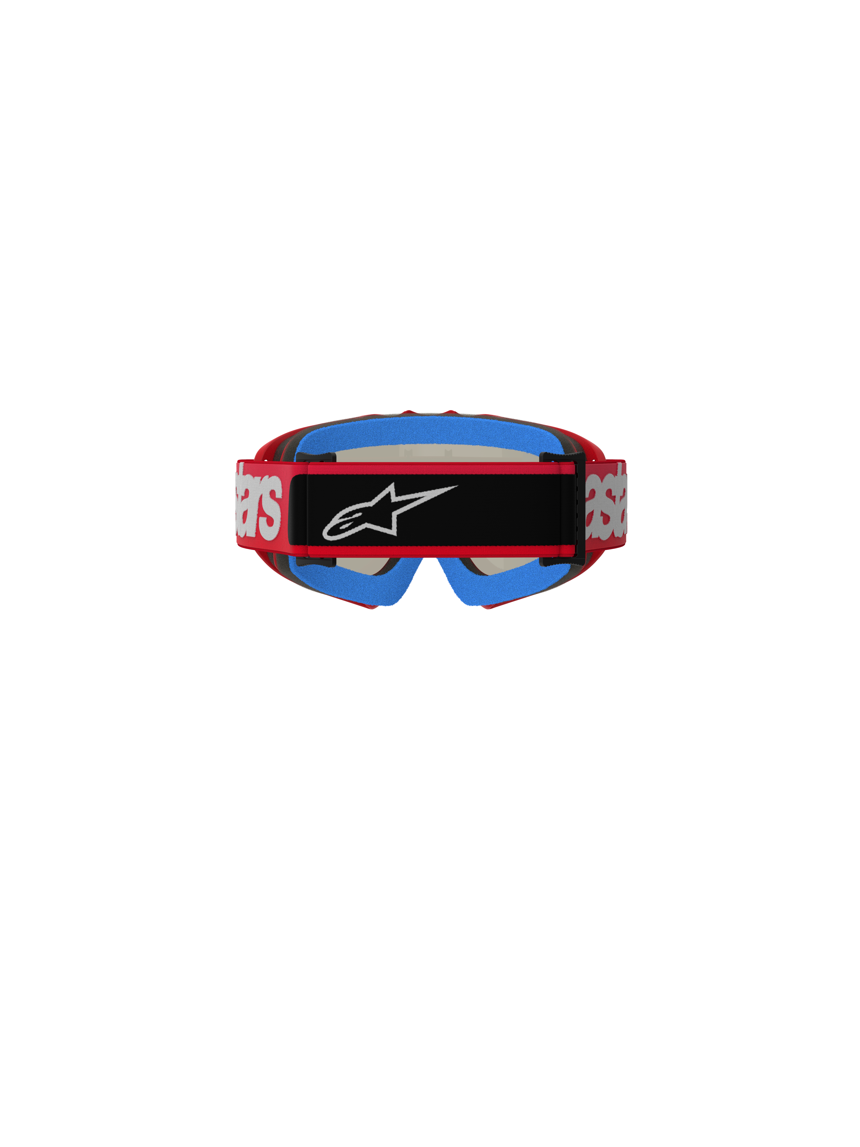 Alpinestars Vision Youth Blaze Goggles, occhiali da motocross, rosso e argento, vista posteriore con fascia rossa e logo bianco, inserto centrale nero con logo Astars bianco, imbottitura interna in schiuma blu