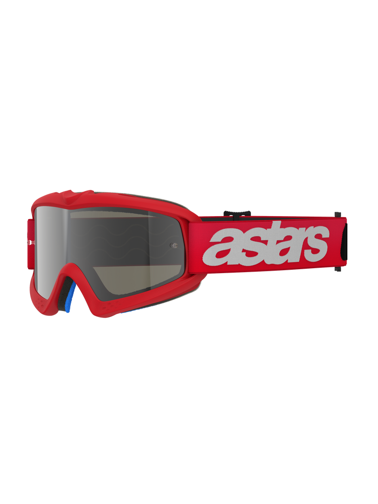Alpinestars Vision Youth Blaze Goggles, occhiali da motocross, rosso e argento specchiato, montatura rossa con lente a specchio argento, ampia fascia rossa con logo astars bianco, protezione professionale per giovani piloti off-road