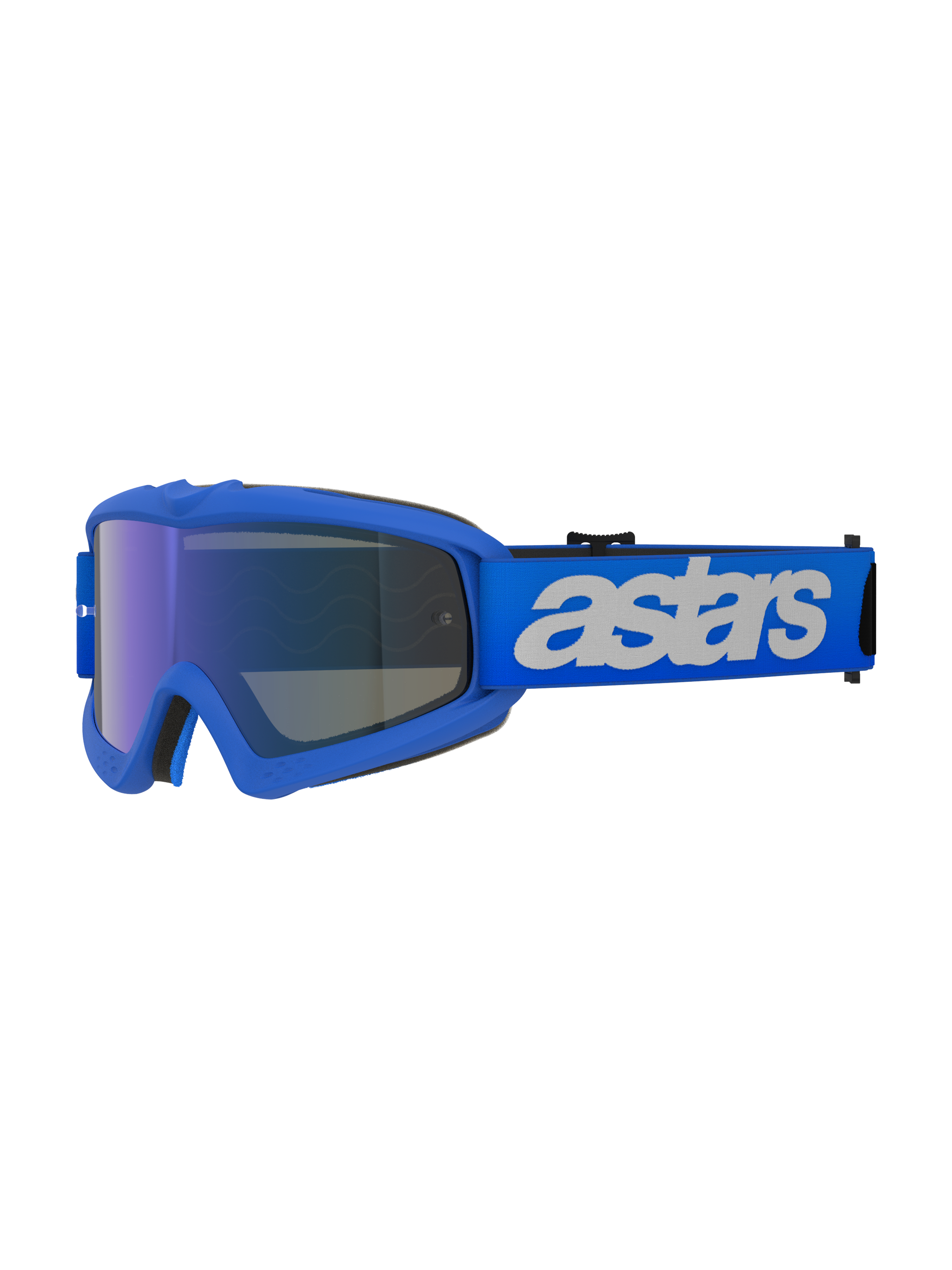 Alpinestars Vision Youth Blaze Goggles, occhiali da motocross, Blue Mirror Blue, montatura blu con lente specchiata blu antiappannamento, fascia blu regolabile con logo 'astars' bianco, occhiali protettivi per giovani piloti