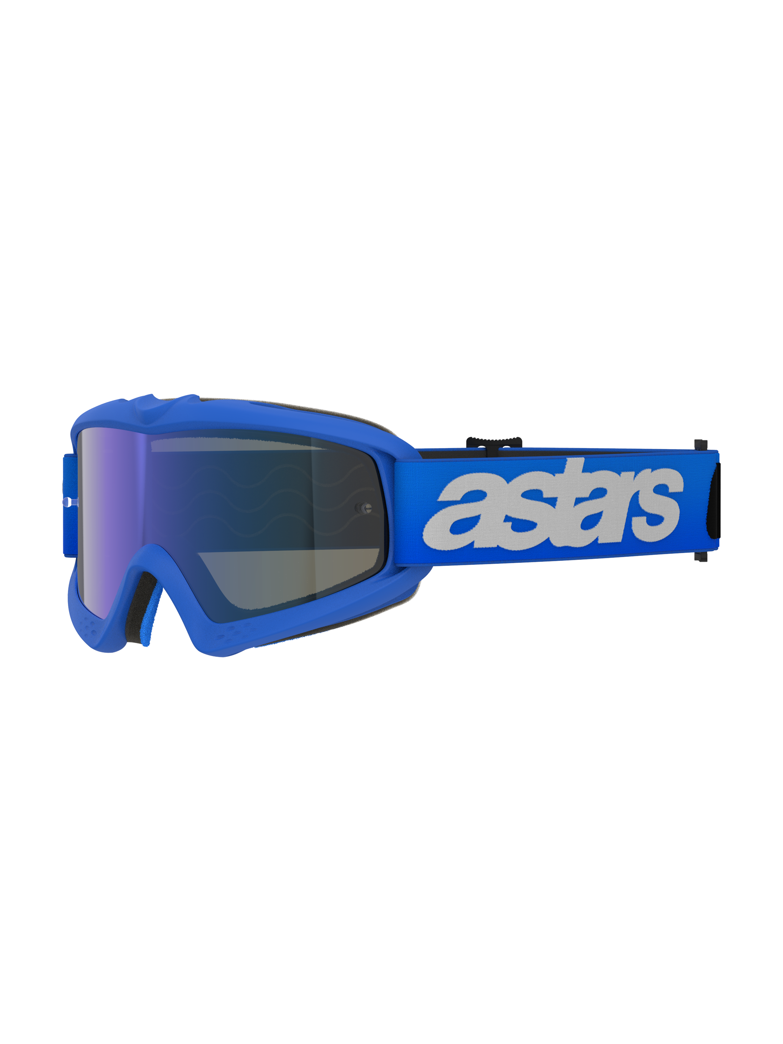 Alpinestars Vision Youth Blaze Goggles, occhiali da motocross, Blue Mirror Blue, montatura blu con lente specchiata blu antiappannamento, fascia blu regolabile con logo 'astars' bianco, occhiali protettivi per giovani piloti