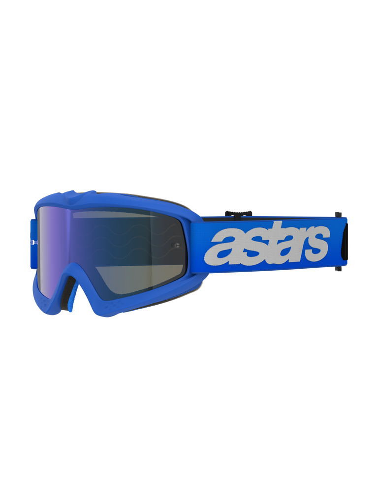 Alpinestars Vision Youth Blaze Goggles, occhiali da motocross, Blue Mirror Blue, montatura blu con lente specchiata blu antiappannamento, fascia blu regolabile con logo 'astars' bianco, occhiali protettivi per giovani piloti