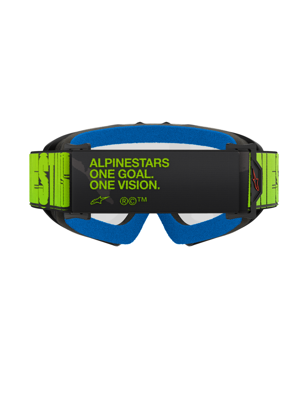Maschere Alpinestars Vision Youth Hollow, maschere da motocross, grigio e giallo fluo, vista posteriore con lo slogan 'ALPINESTARS ONE GOAL. ONE VISION.' sulla fascia, schiuma facciale blu brillante, occhiali da motocross specifici per ragazzi