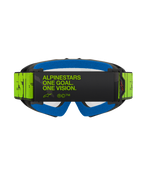 Maschere Alpinestars Vision Youth Hollow, maschere da motocross, grigio e giallo fluo, vista posteriore con lo slogan 'ALPINESTARS ONE GOAL. ONE VISION.' sulla fascia, schiuma facciale blu brillante, occhiali da motocross specifici per ragazzi