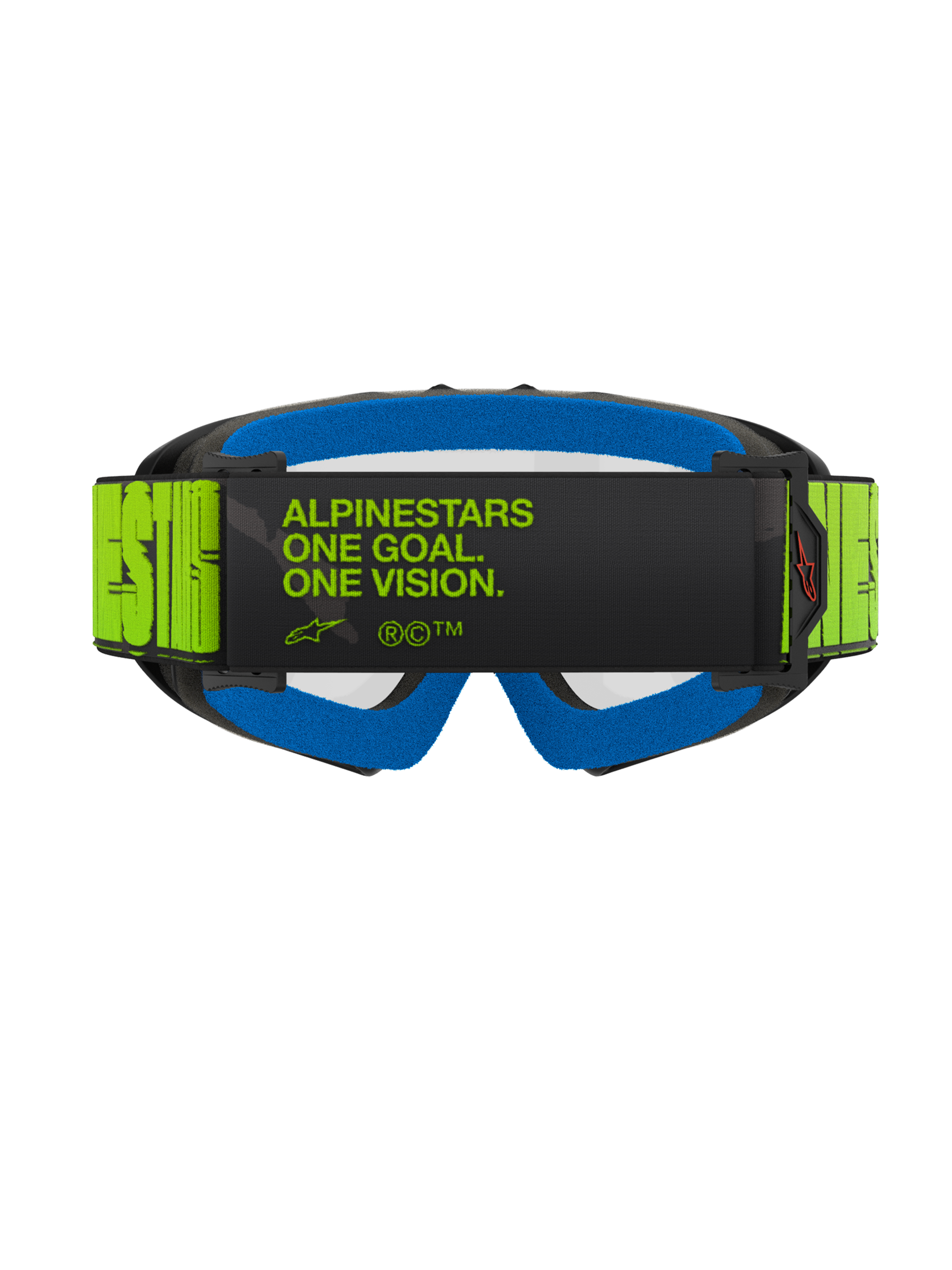 Maschere Alpinestars Vision Youth Hollow, maschere da motocross, grigio e giallo fluo, vista posteriore con lo slogan 'ALPINESTARS ONE GOAL. ONE VISION.' sulla fascia, schiuma facciale blu brillante, occhiali da motocross specifici per ragazzi