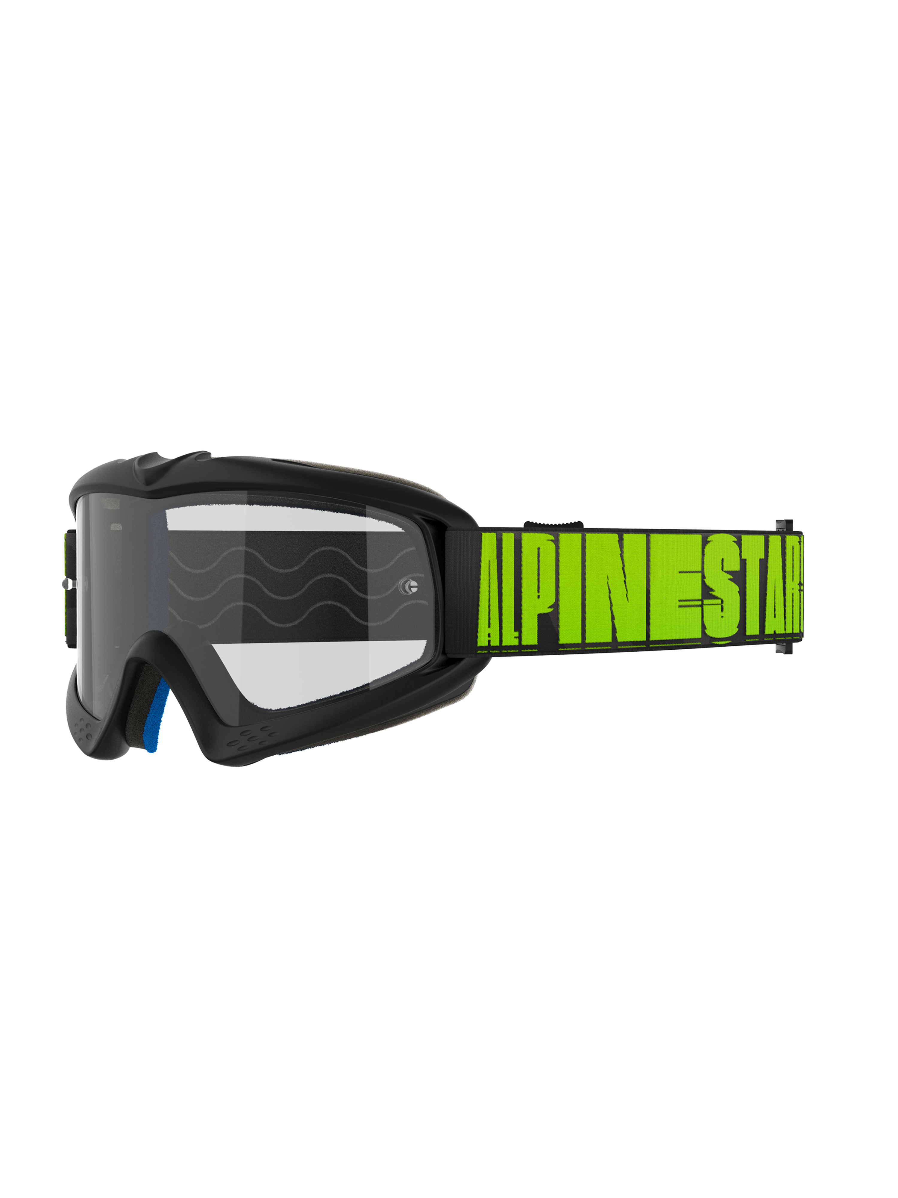 Alpinestars Vision Youth Hollow e Vision 5 Hollow Goggles, maschere da motocross off-road, montatura grigio antracite con marchio Alpinestars giallo fluo su fascia nera, lente trasparente, strato interno in schiuma blu, design moderno e aerodinamico per piloti giovani e adulti
