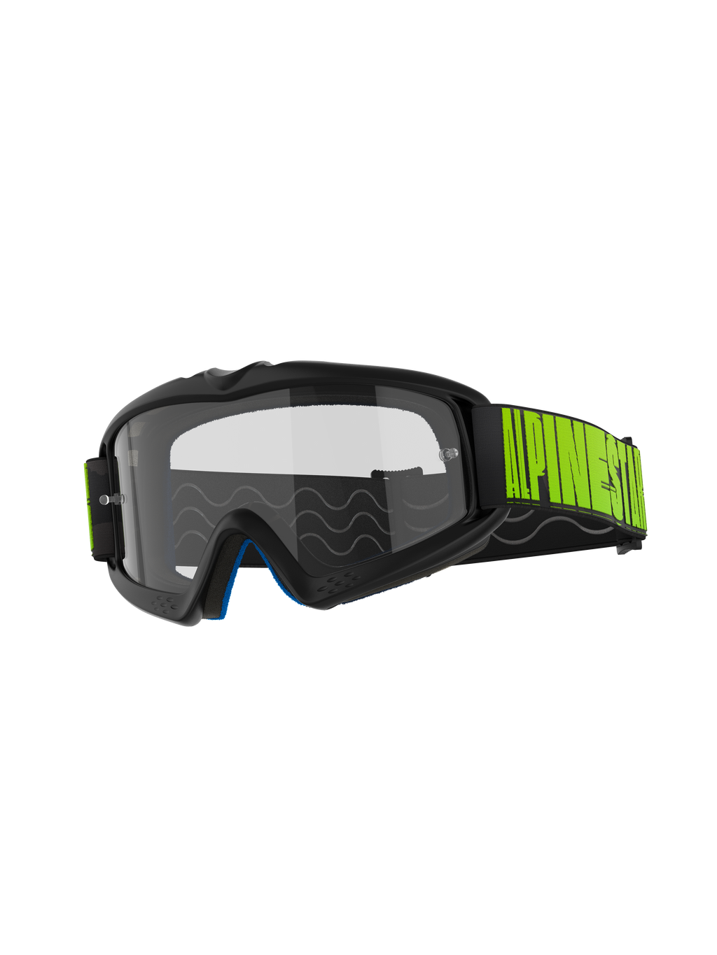 Alpinestars Vision Youth Hollow Goggles, maschere da motocross, montatura grigia con lente trasparente antiappannamento, fascia nera con logo giallo fluorescente, schiuma interna blu, progettate per giovani piloti in gare off-road