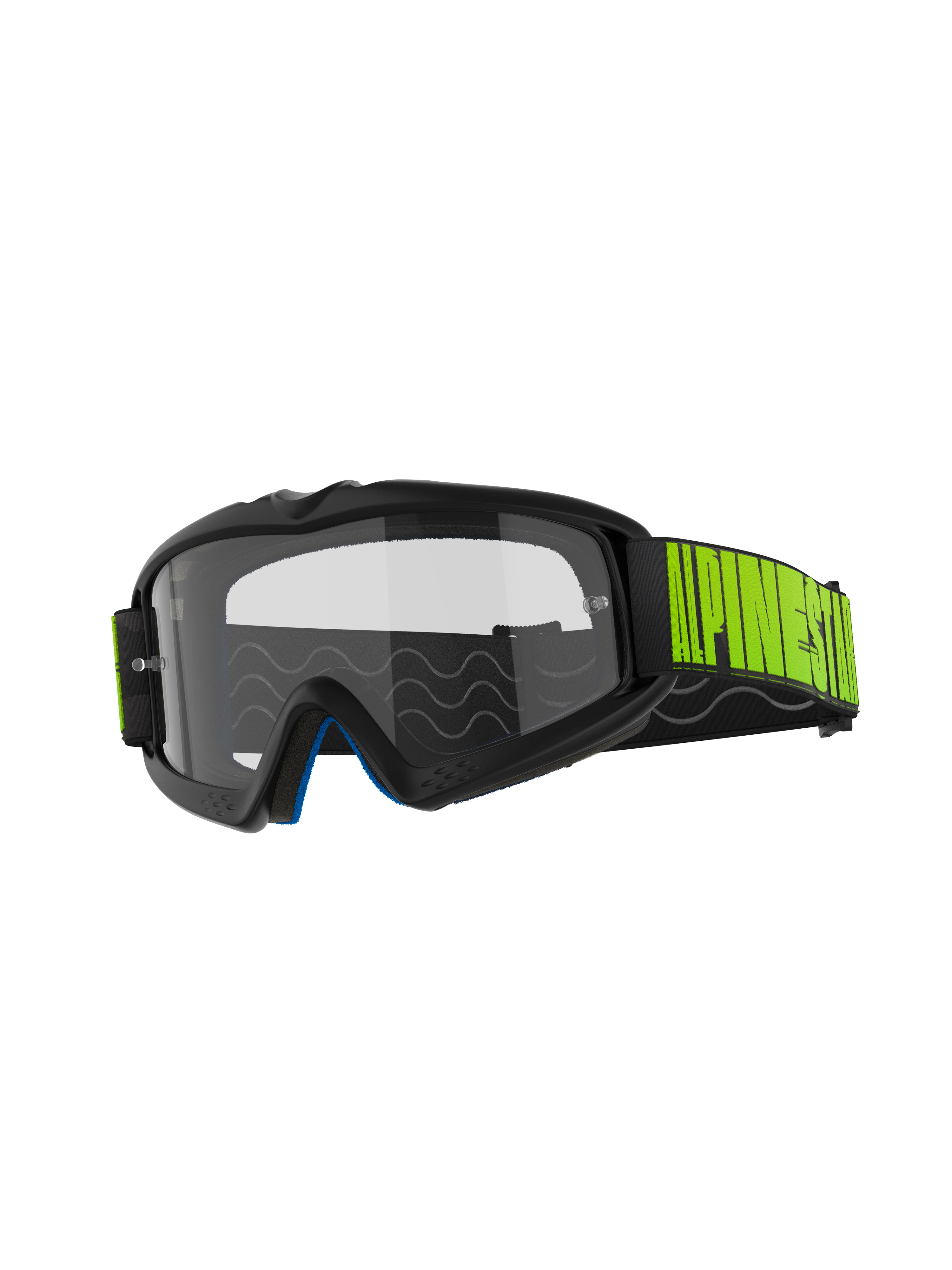 Alpinestars Vision Youth Hollow Goggles, maschere da motocross, montatura grigia con lente trasparente antiappannamento, fascia nera con logo giallo fluorescente, schiuma interna blu, progettate per giovani piloti in gare off-road