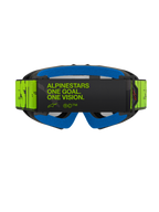 Maschere Alpinestars Vision Youth Hollow, vista posteriore con fascia giallo fluorescente e scritta nera 'One Goal. One Vision.', schiuma facciale blu e montatura grigio antracite, maschere da motocross professionali per ragazzi