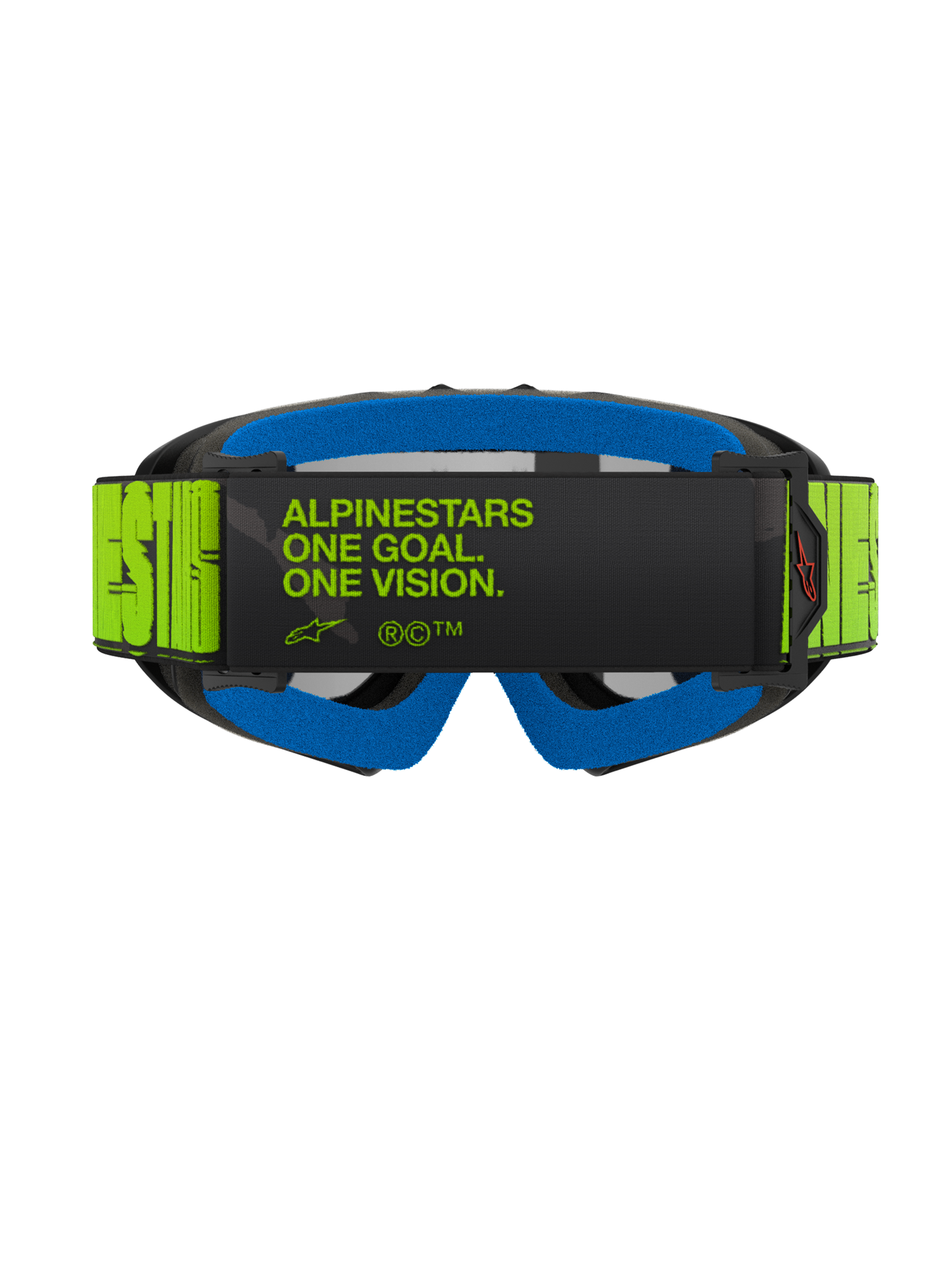 Maschere Alpinestars Vision Youth Hollow, vista posteriore con fascia giallo fluorescente e scritta nera 'One Goal. One Vision.', schiuma facciale blu e montatura grigio antracite, maschere da motocross professionali per ragazzi