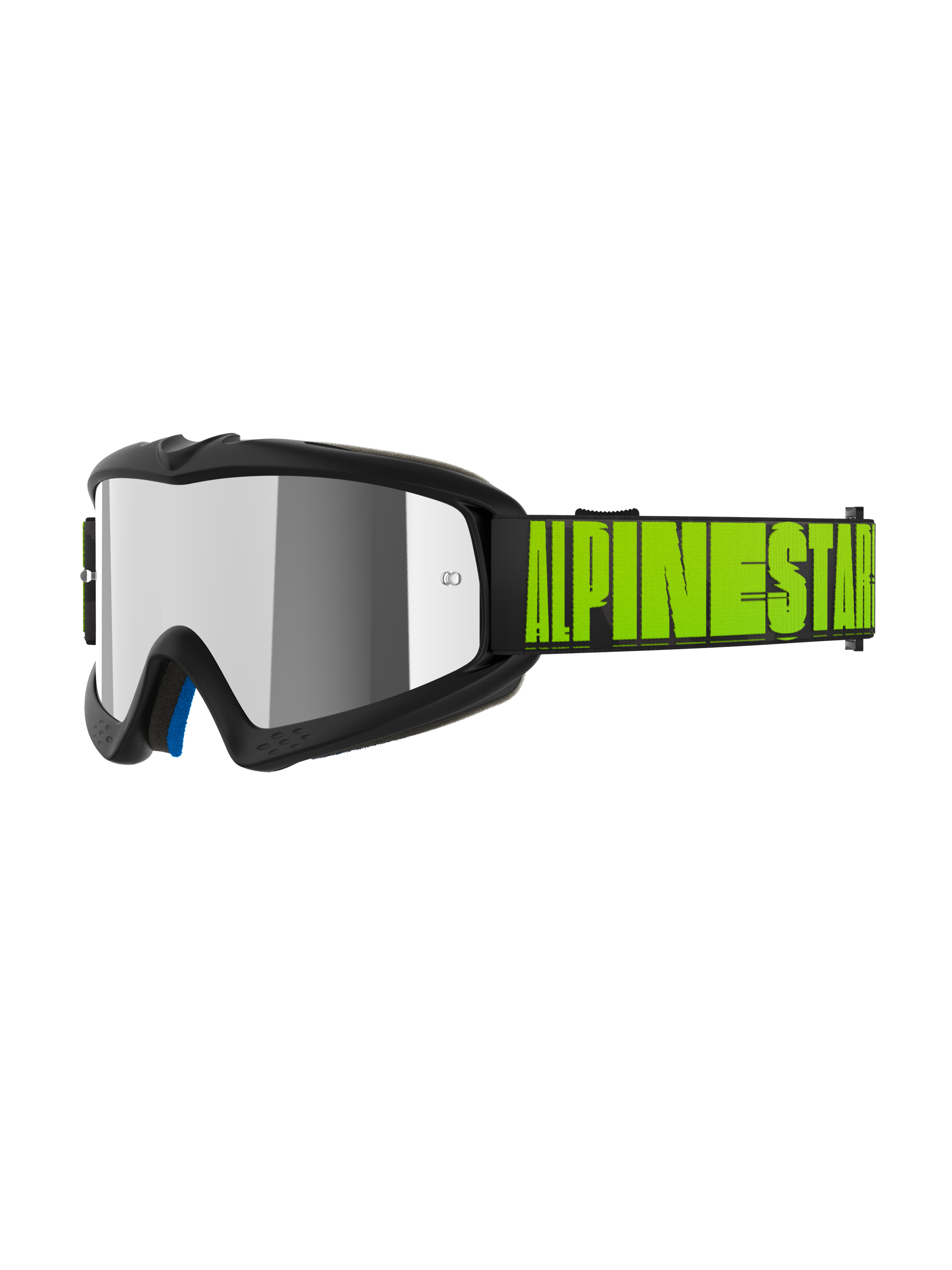 Alpinestars Vision Youth Hollow Goggles, maschere da motocross per ragazzi, grigio antracite e giallo fluo, lente specchiata argento riflettente, fascia nera con logo Alpinestars giallo fluo, imbottitura interna blu, vestibilità specifica per giovani piloti
