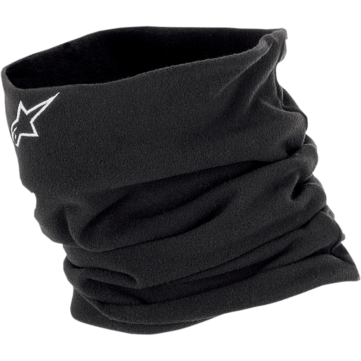 Alpinestars Neck Warmer, scaldacollo tubolare in pile nero, logo a stella bianco ricamato, costruzione isolante a doppio strato per protezione dal vento, strato di base da moto per climi freddi